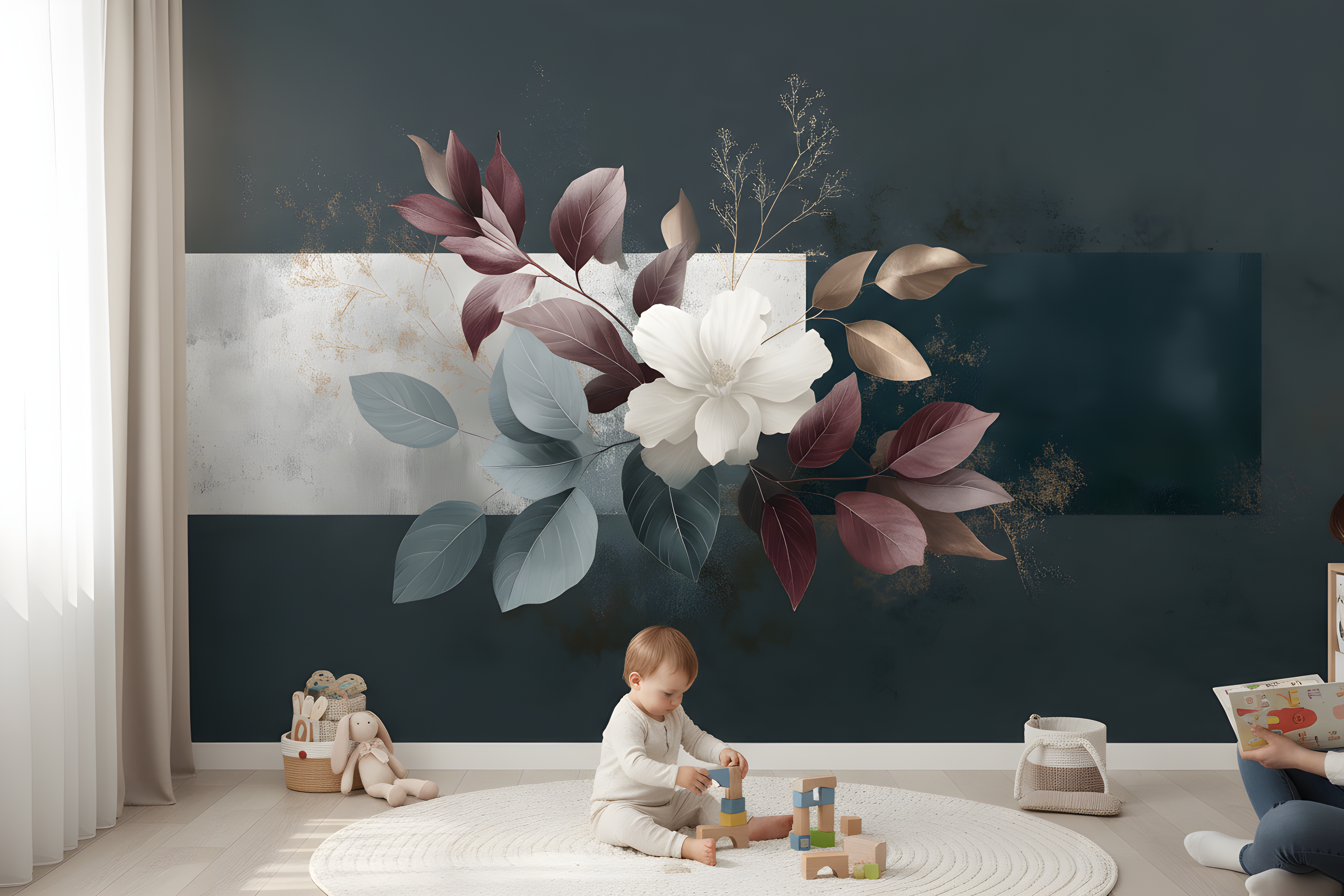 Dark elegant botanical mural with a large white magnolia bloom and burgundy, sage green, and bronze leaves on a navy wall backdrop, peel and stick