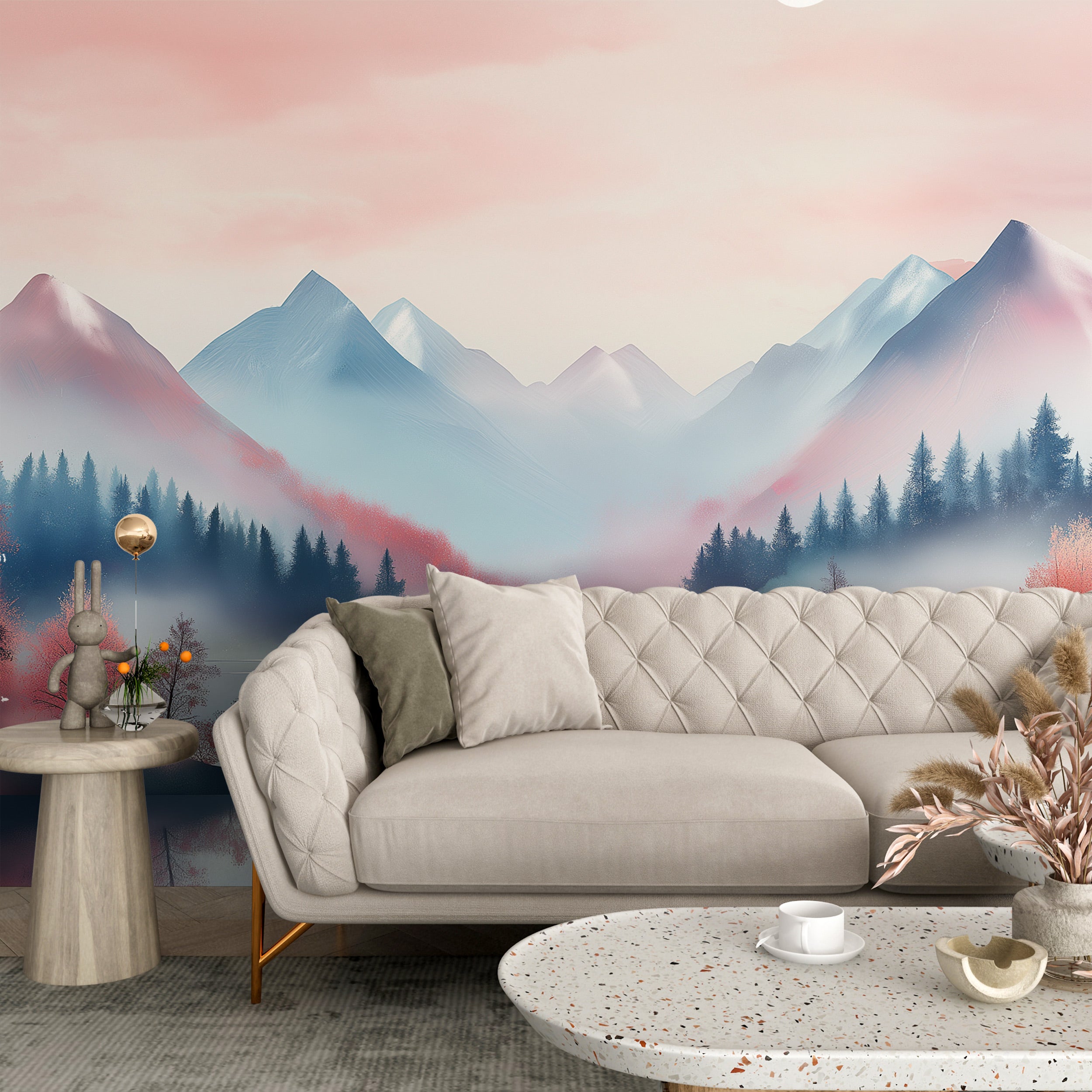 Serene mountain lake mural with pastel pink and blue dawn reflections, misty peaks, and autumn trees behind a beige tufted so