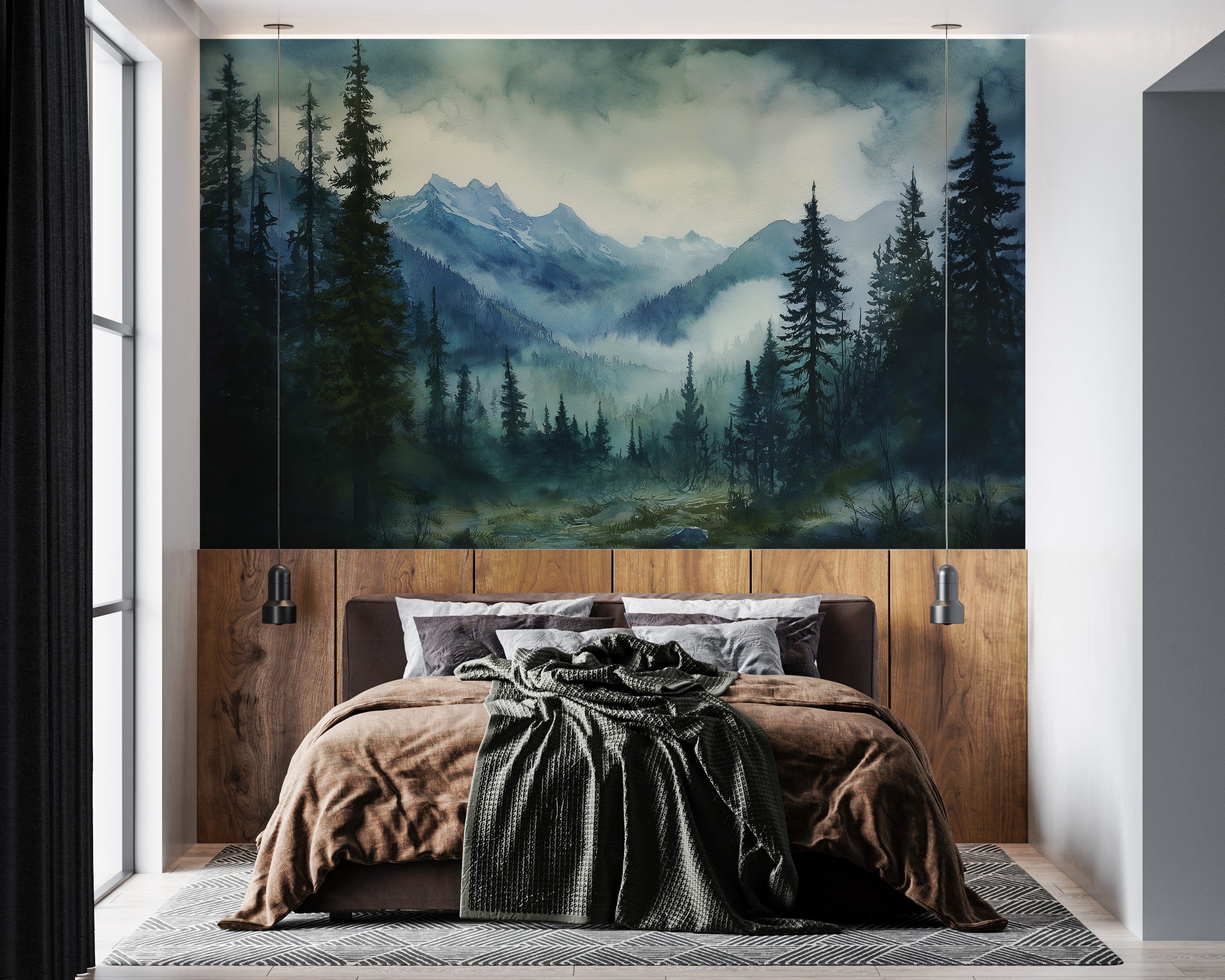 Watercolour mountain forest mural with misty blue peaks, evergreen trees, and a tranquil valley behind a wooden headboard in