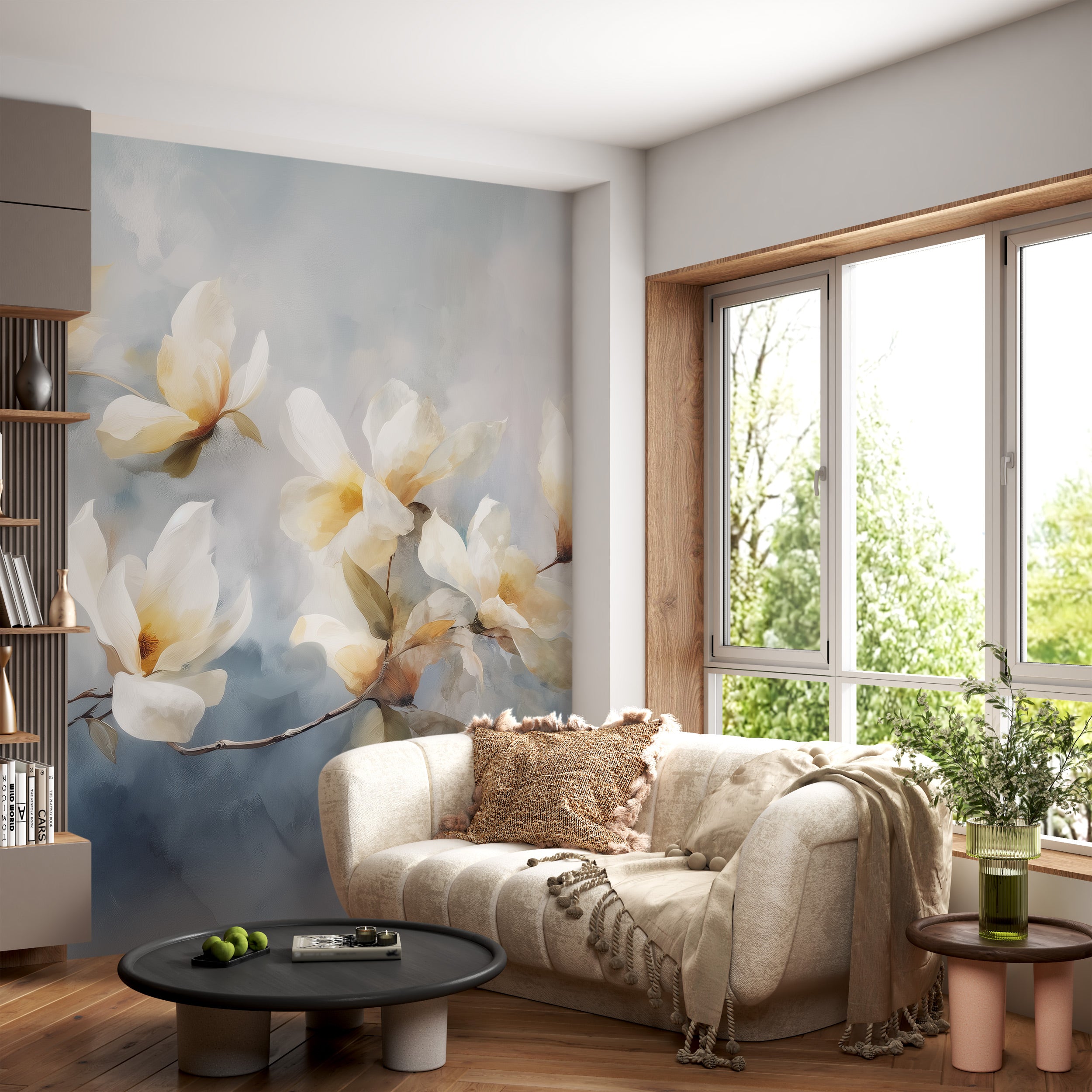 Magnolia branch mural in a serene living room with watercolor blossoms on a blue backdrop, cream sofa, and natural light wind