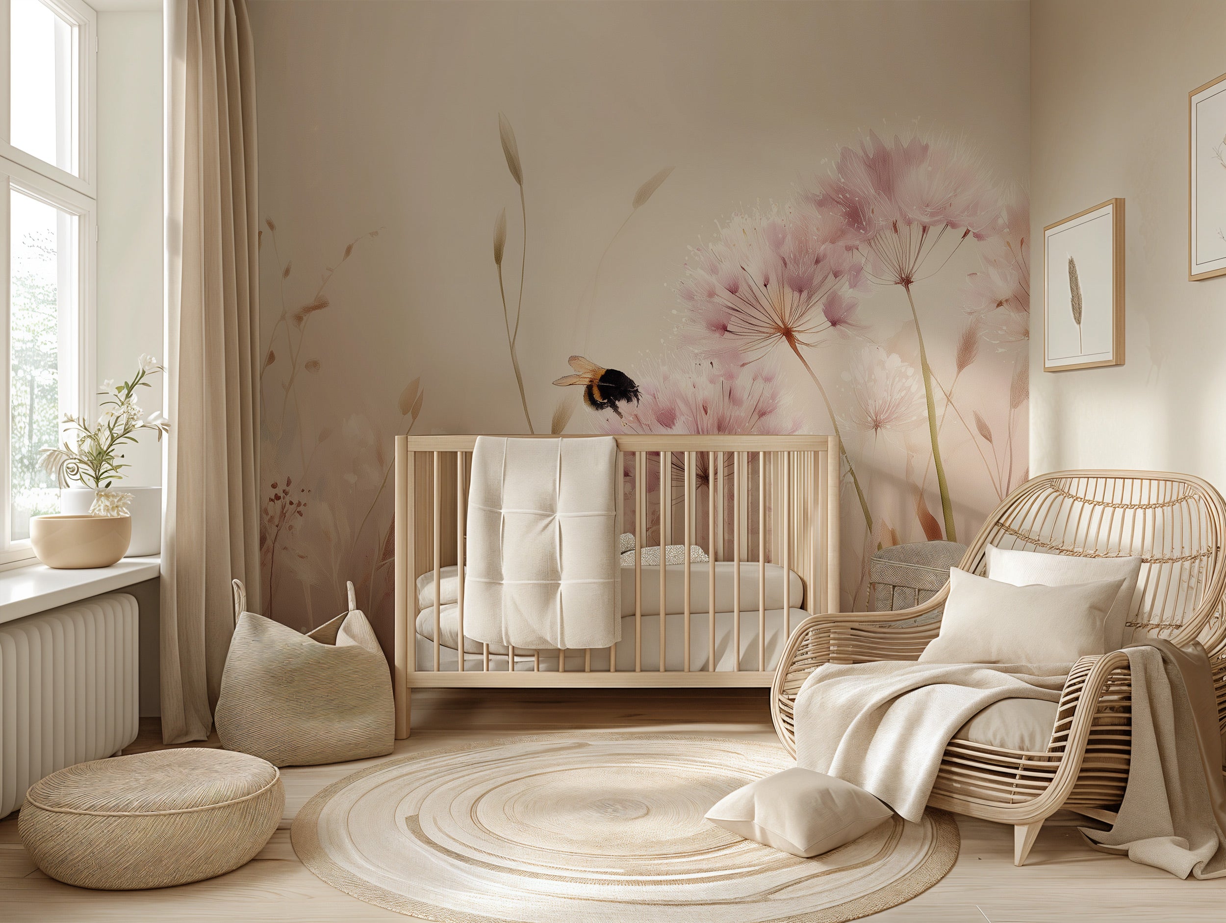 Soft pink meadow wall mural with dandelions and a bee in a cozy nursery scene featuring a wooden crib and wicker chair in a n
