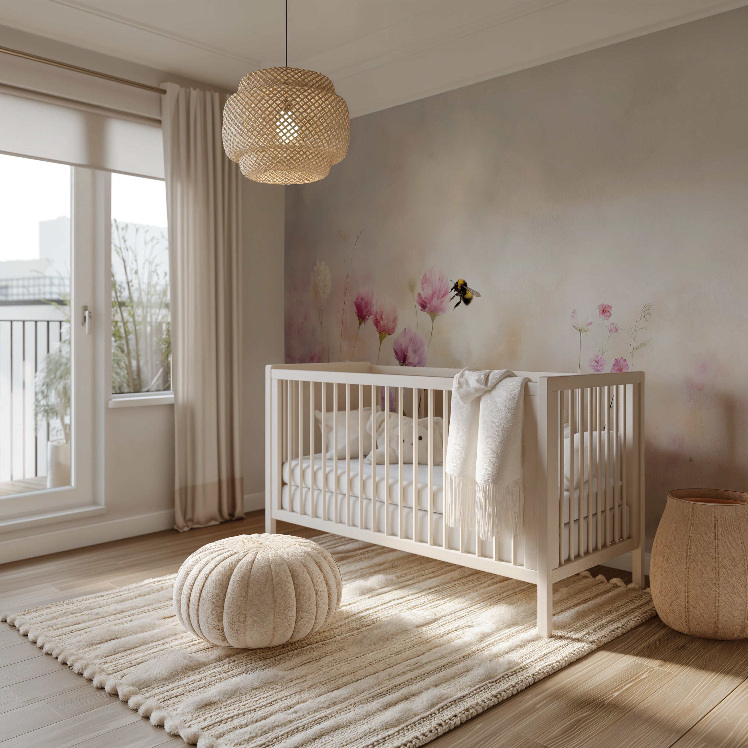 Watercolor meadow mural with pink cosmos and a bee, soft pastel nursery scene in a pale room with a white crib and cozy decor