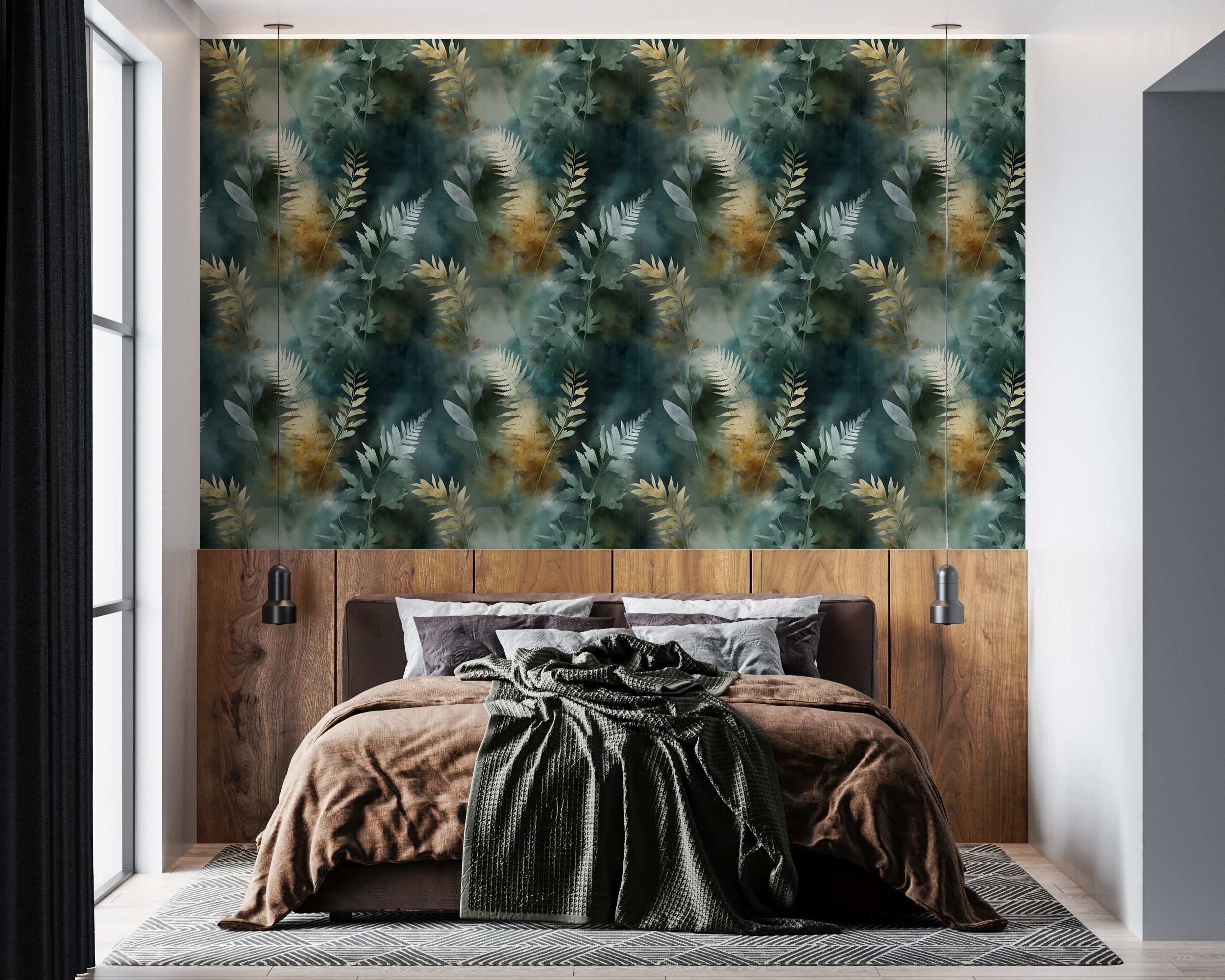 Watercolor fern wallpaper mural in teal and gold tones on bedroom feature wall with wood headboard and pendant lights