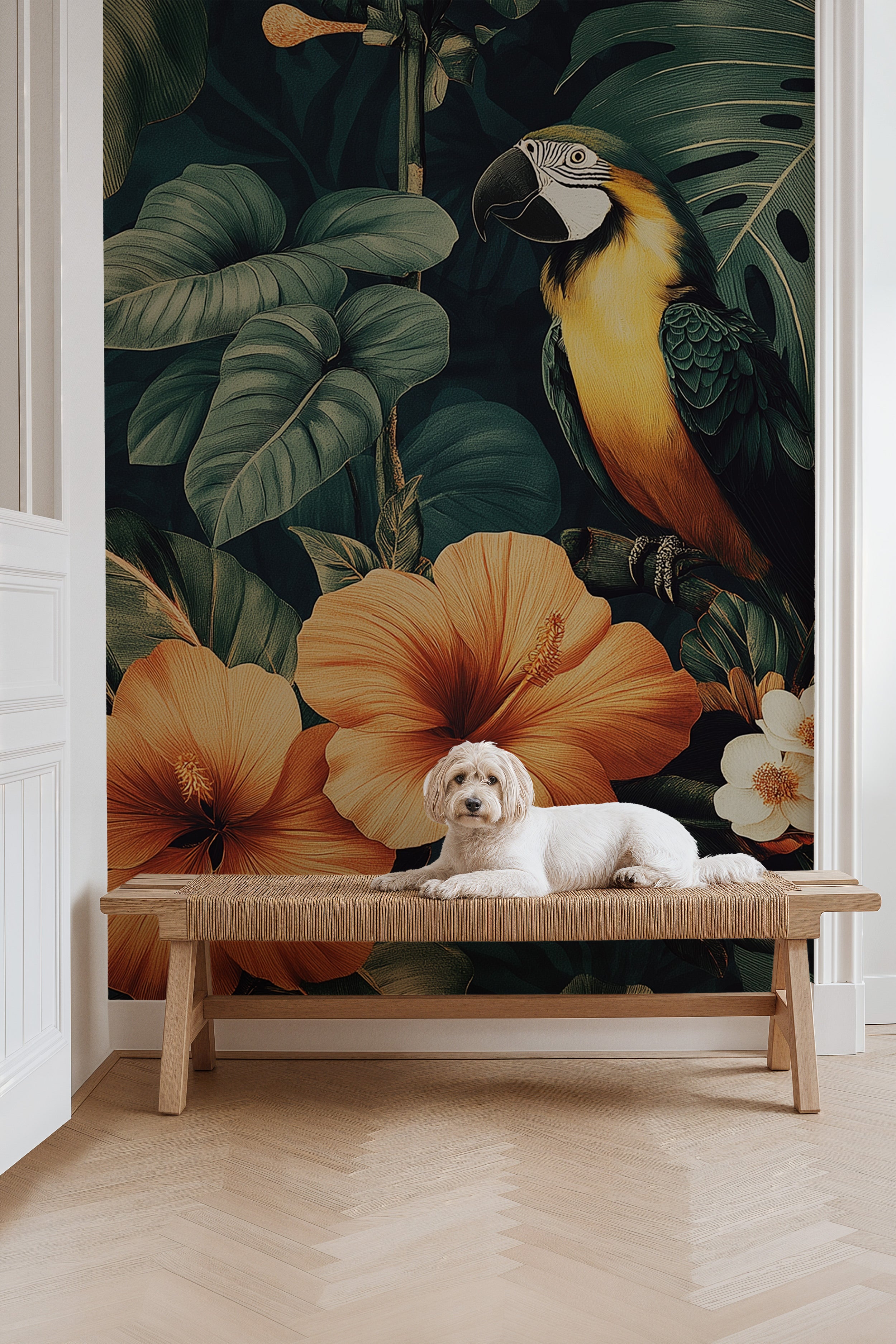 Tropical Paradise mural with parrot and hibiscus flowers in lush green foliage, living room setting with a light bench and a