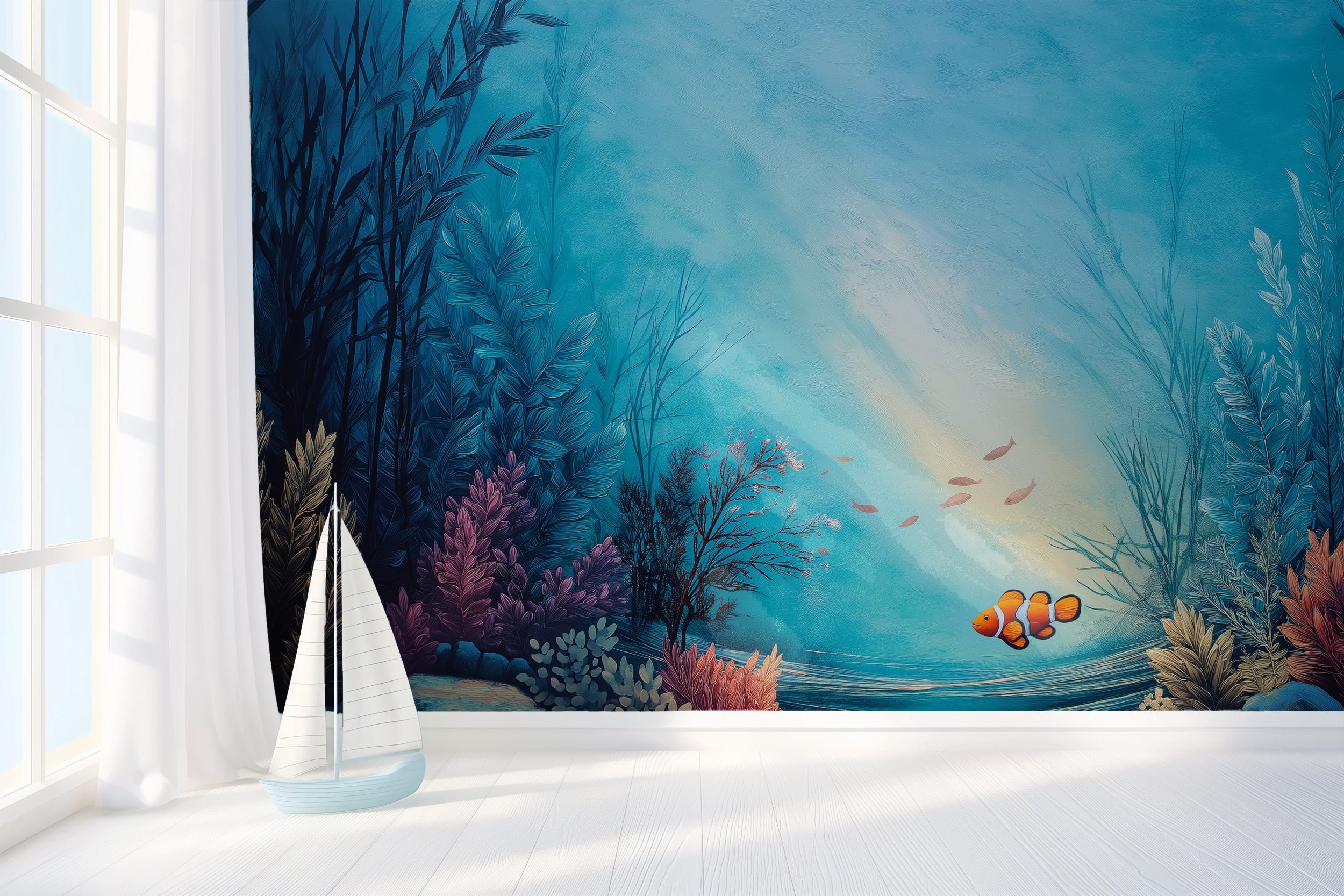 Vivid underwater mural of coral reef with blue turquoise water, colorful sea plants, and a clownfish in a serene ocean scene