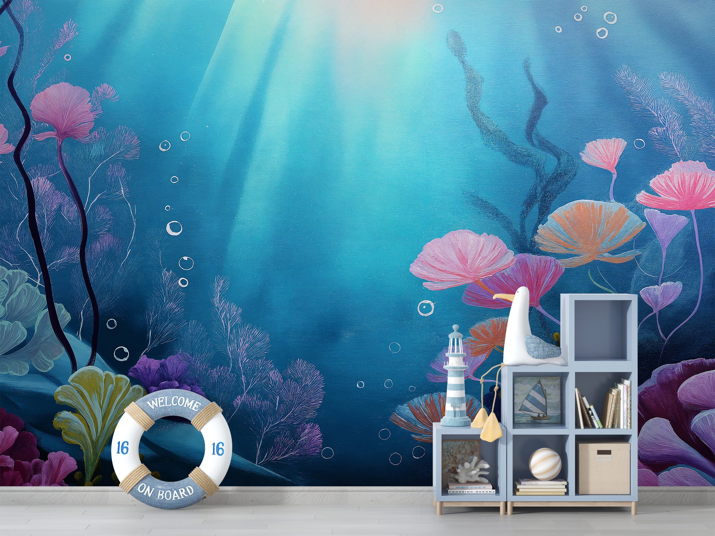 Underwater coral reef mural in a turquoise blue ocean scene with colorful pink, purple, and orange coral, bubbles, and light