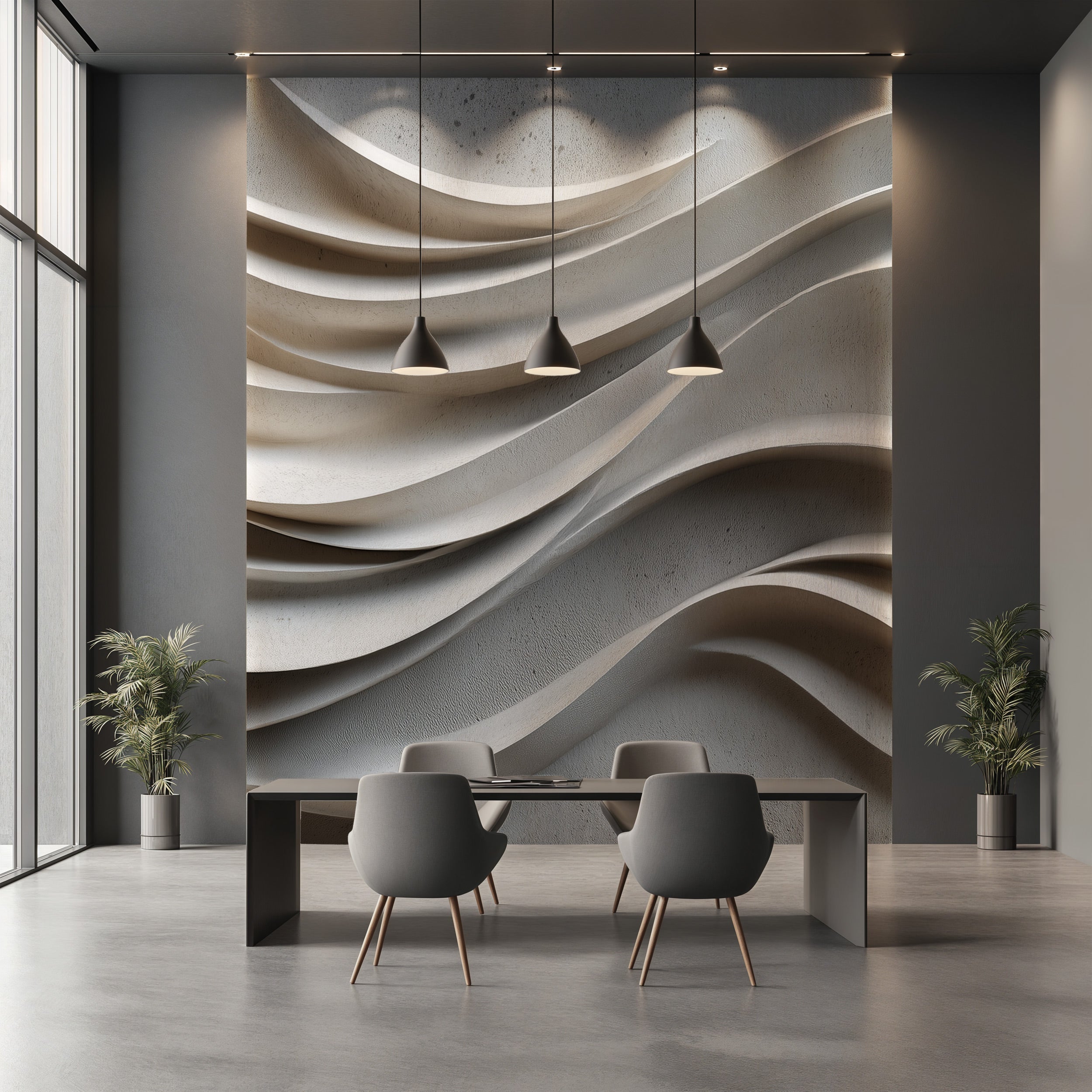 Neutral-toned 3D wave mural on a wall behind a modern meeting table with four grey chairs in a contemporary office setting