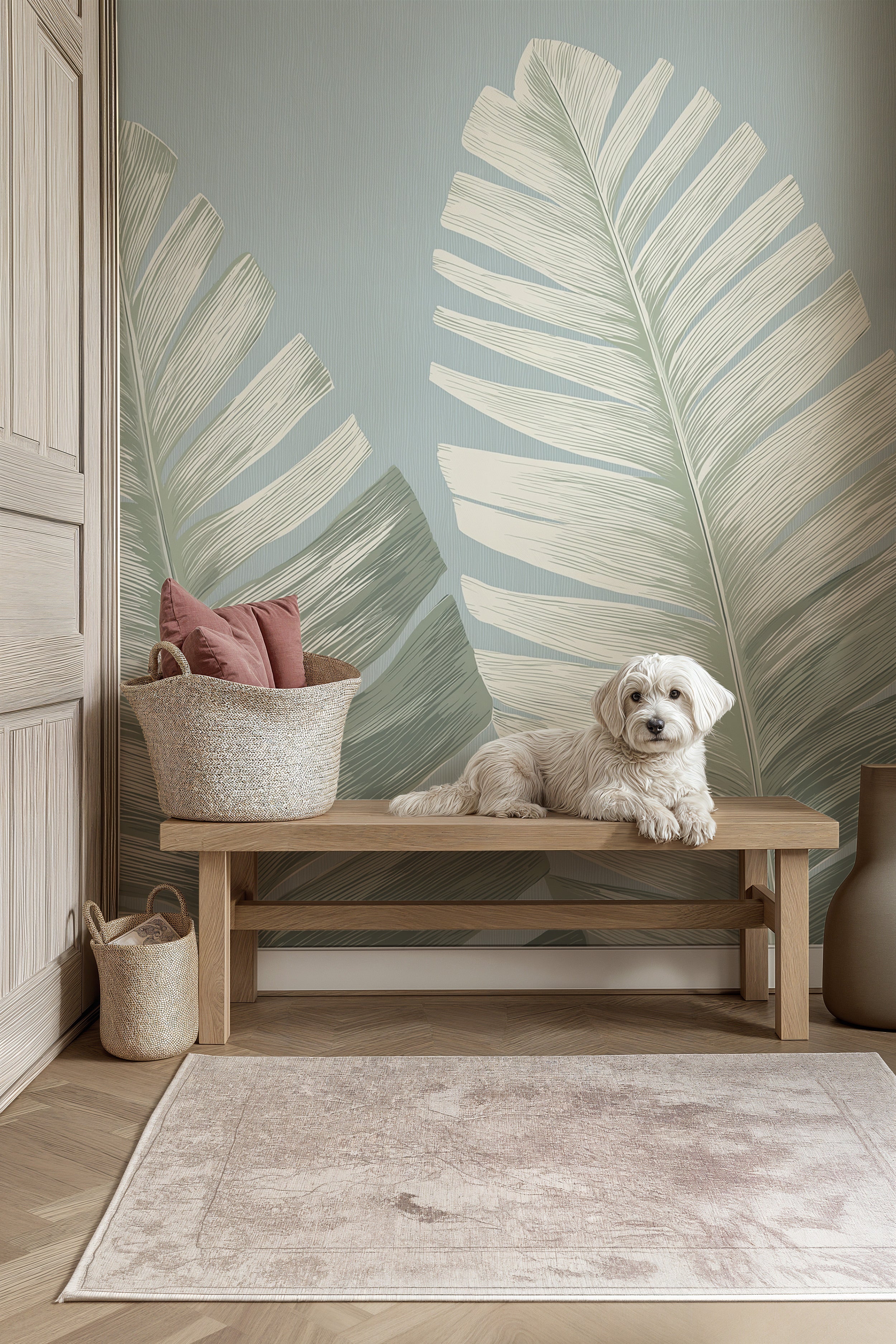 Tropical banana leaf mural in sage green and cream on living room wall with a wooden bench and a fluffy dog resting nearby