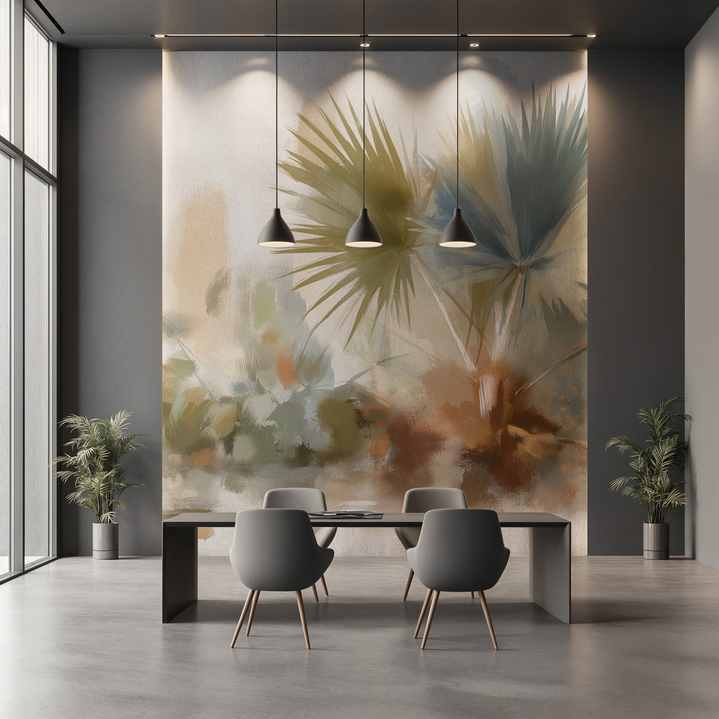 Watercolor palm tree mural with tropical botanical design in a neutral beige-green palette on a meeting room feature wall wit