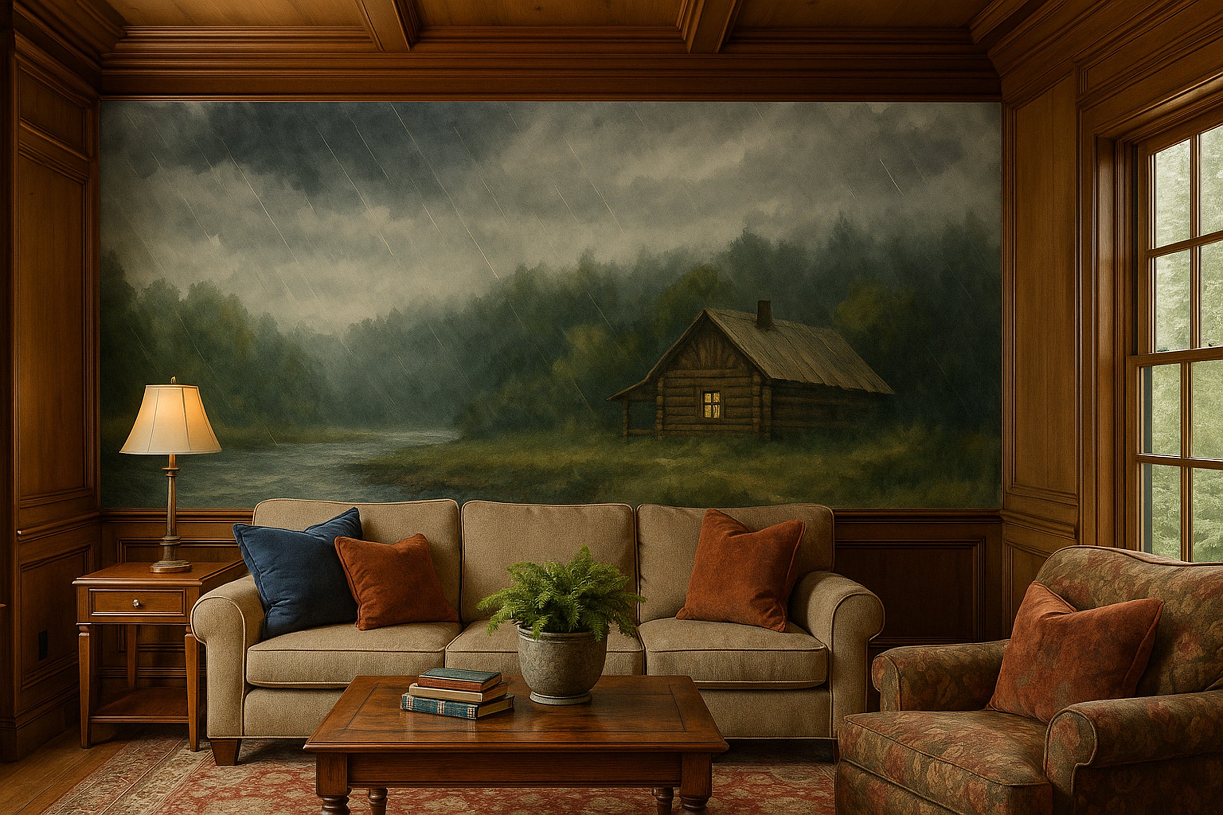 Rainy forest cabin mural walls in a cozy wood-paneled living room with a stormy sky water by a rustic cabin and warm lighting