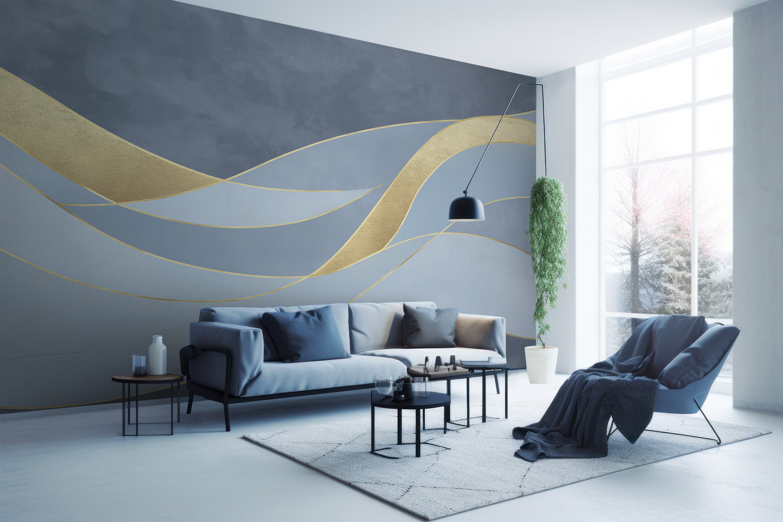 Abstract golden curves mural in blue grey living room with elegant flowing lines and metallic gold accents on wall wallpaper