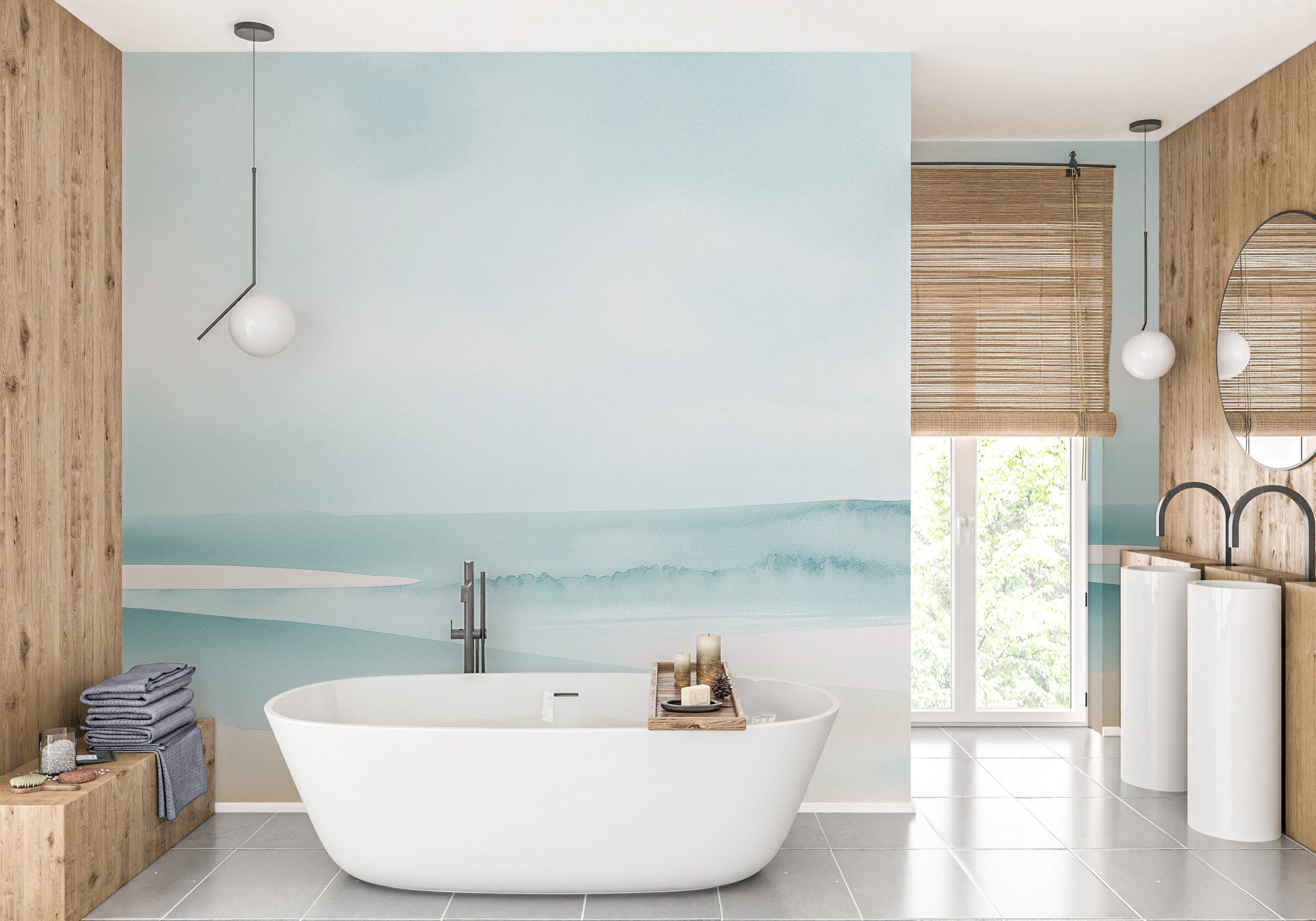 Serene teal-beige watercolor ocean waves mural in a modern bathroom with a freestanding white tub, wooden accents, and soft w
