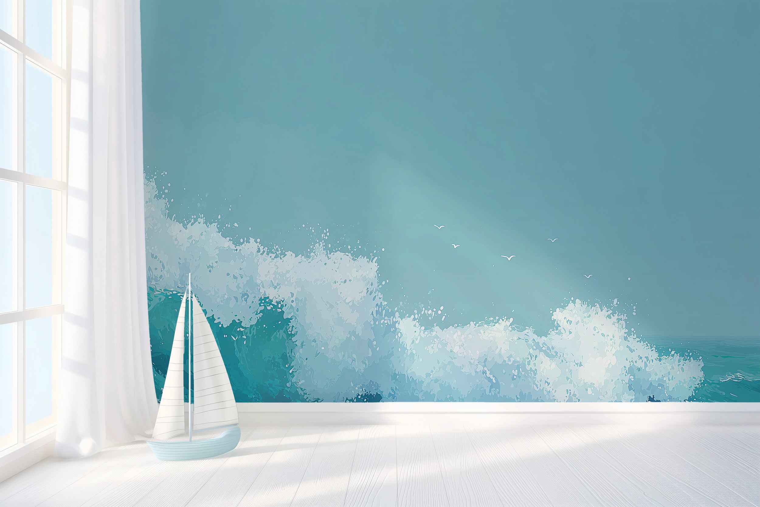 Turquoise ocean wave mural with white foam and seabirds on a coastal-themed peel and stick wall, bright room with sailboat de