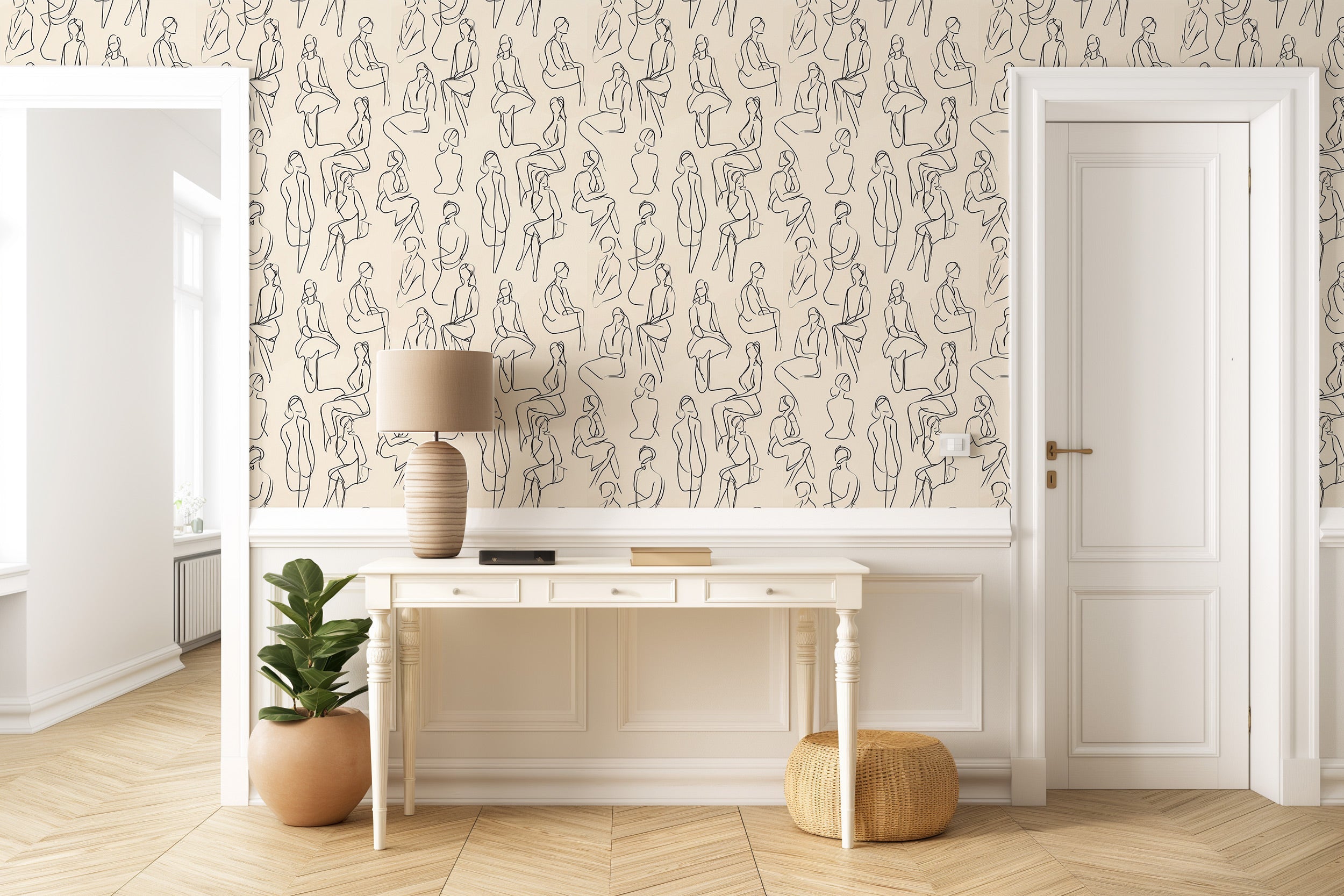 Beige wallpaper with black minimalist line drawings of seated and standing human figures in a contemporary living room settin