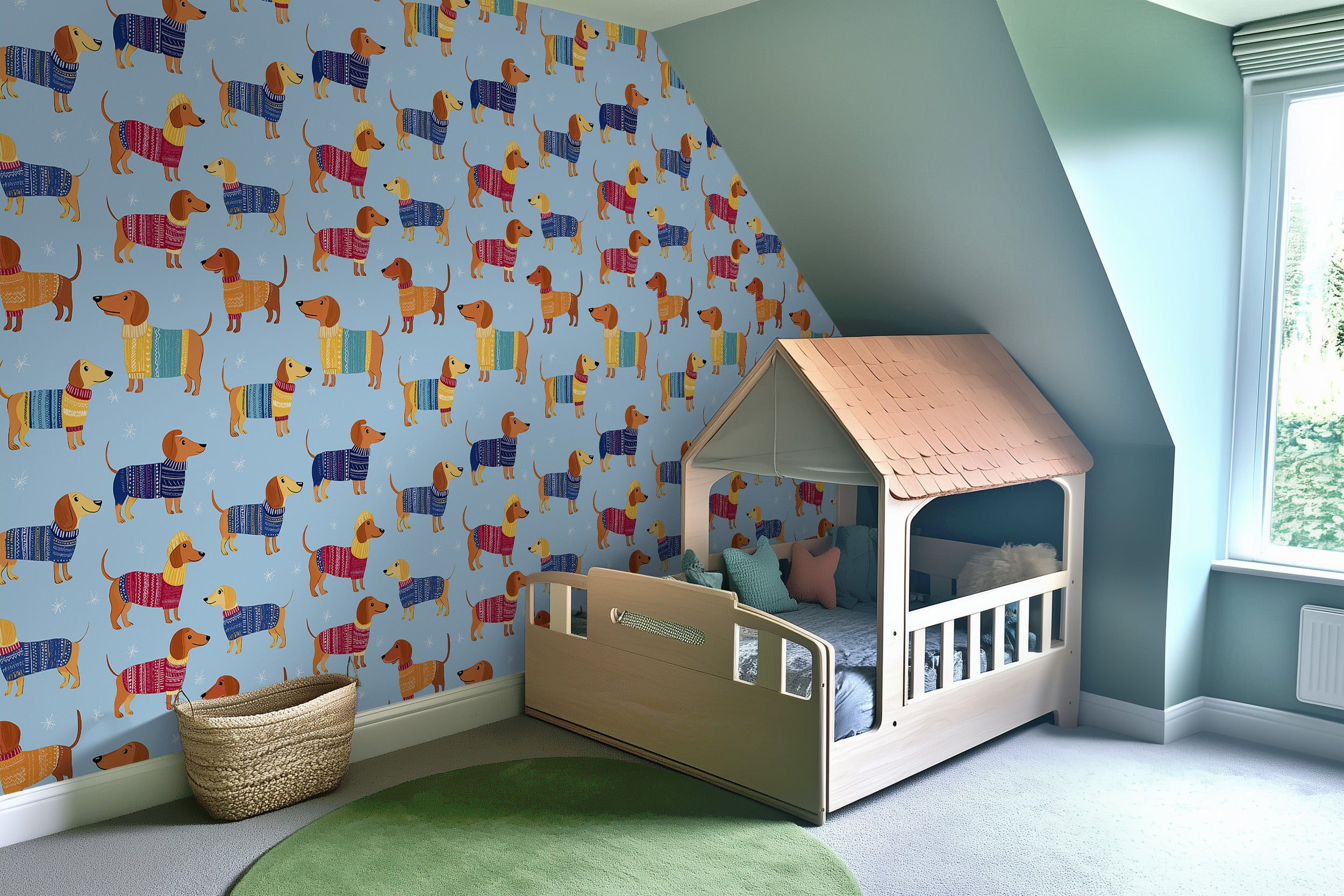 Cozy dachshund Christmas wallpaper with blue background showing colorful wiener dogs in sweaters in a kid’s bedroom with a wo