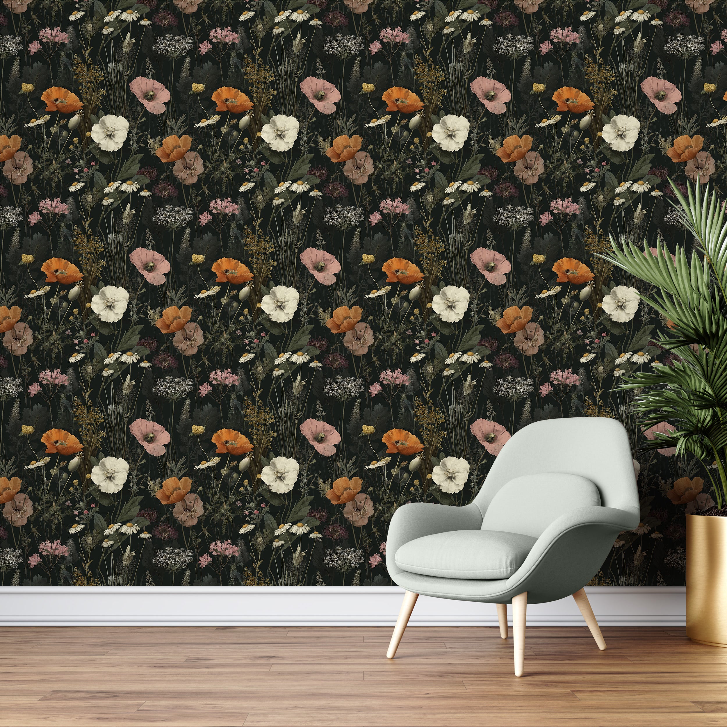Dark botanical floral wallpaper with a dark background featuring orange, cream, and pink poppies and wildflowers in a moody l