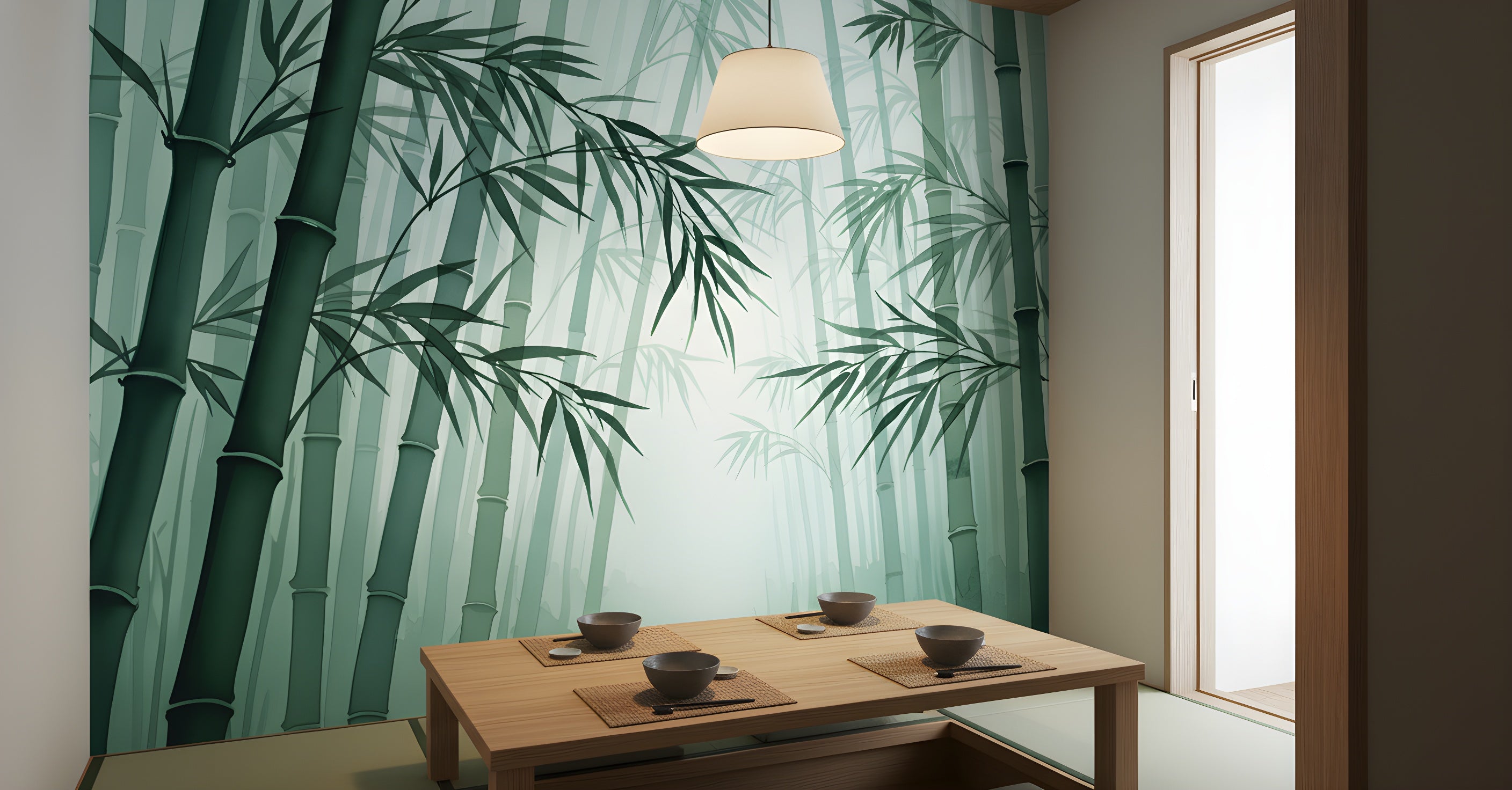 Bamboo forest mural with sage green stalks and leaves creating a tranquil zen dining nook backdrop in a minimal Japanese style room with a wooden