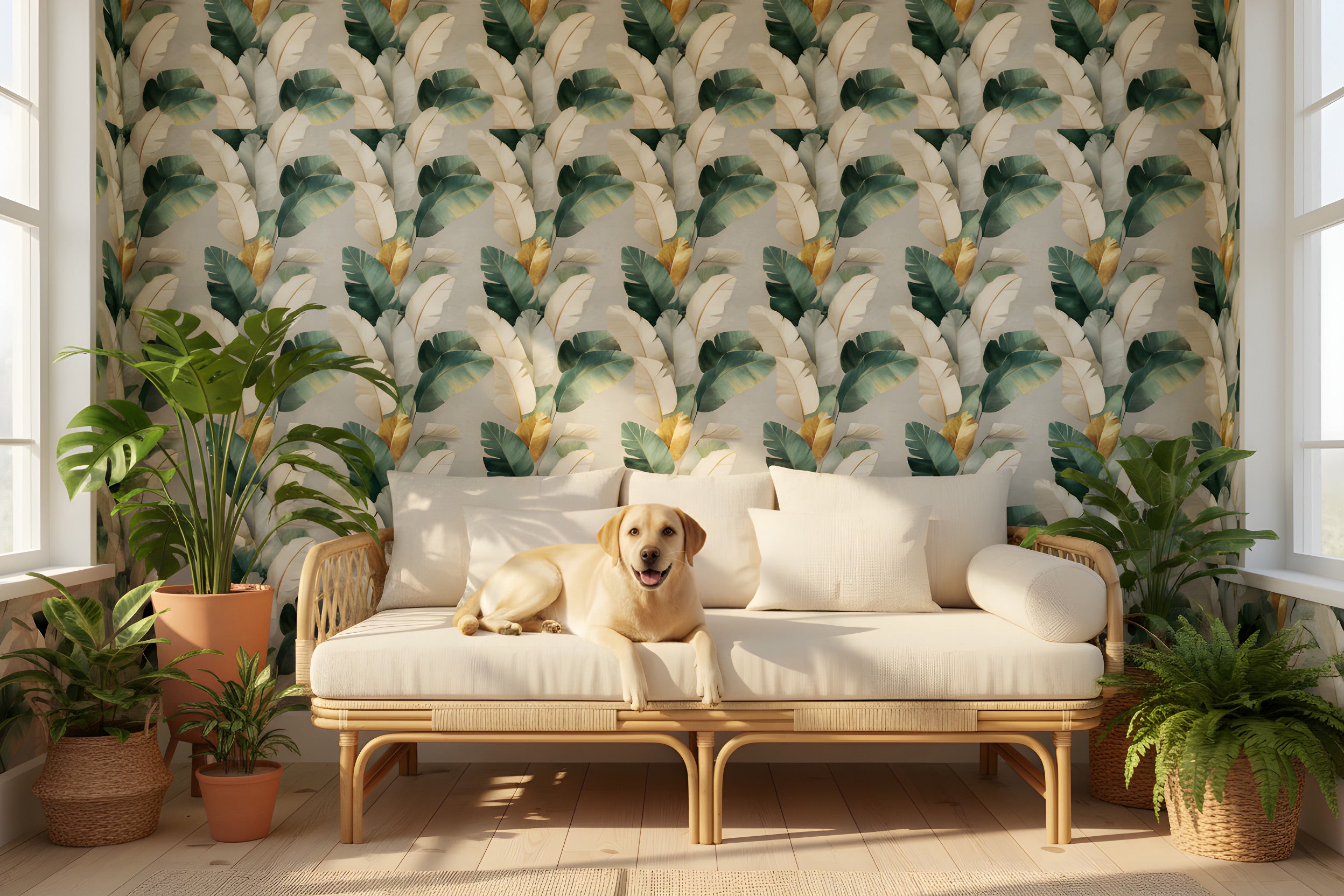 A cozy living room corner with a beige cushioned rattan sofa against tropical leaf wallpaper in green cream and gold accents, surrounded by lush