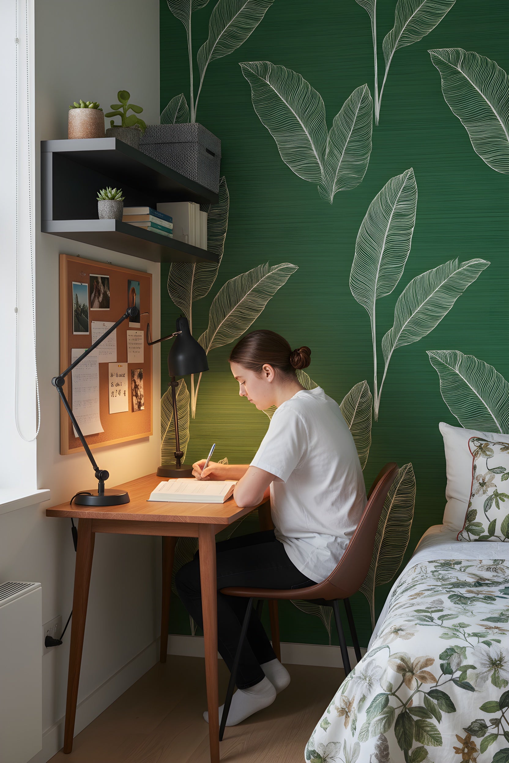 A person studies at a wooden desk against green tropical leaf wallpaper with white leaf outlines, desk lamp, and study workspace in a cozy bedroom