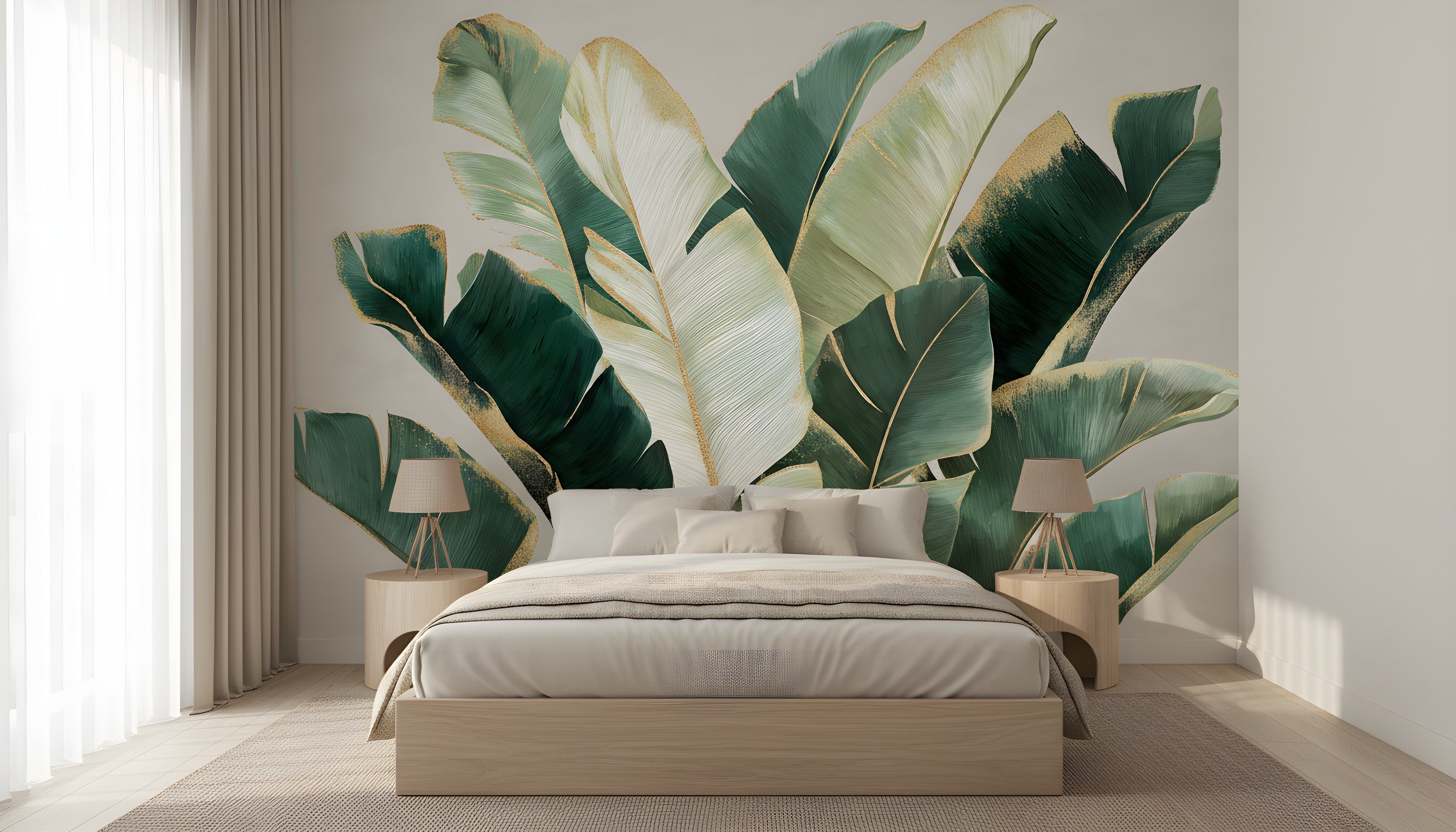 A tropical banana leaf mural in emerald green and soft sage with gold accents forms a dramatic feature wall behind a minimalist beige bed in a sunlit