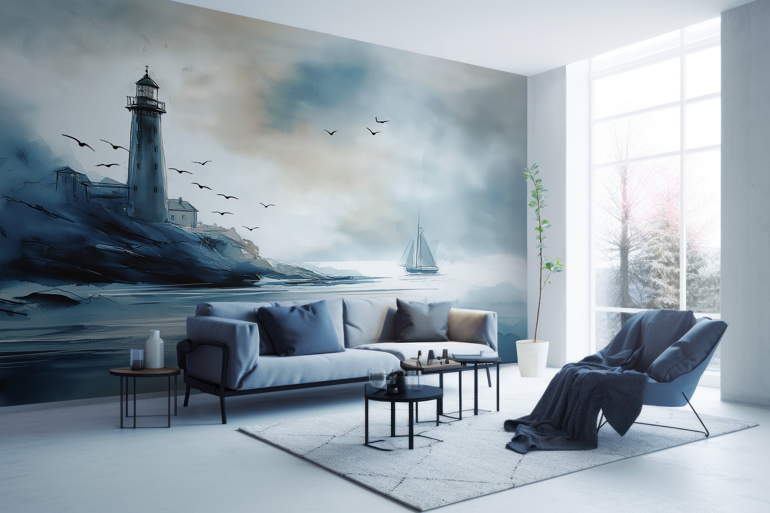Coastal lighthouse watercolor mural in a airy living room with blue-gray sofa, nautical seascape wall art, boats on waves, an