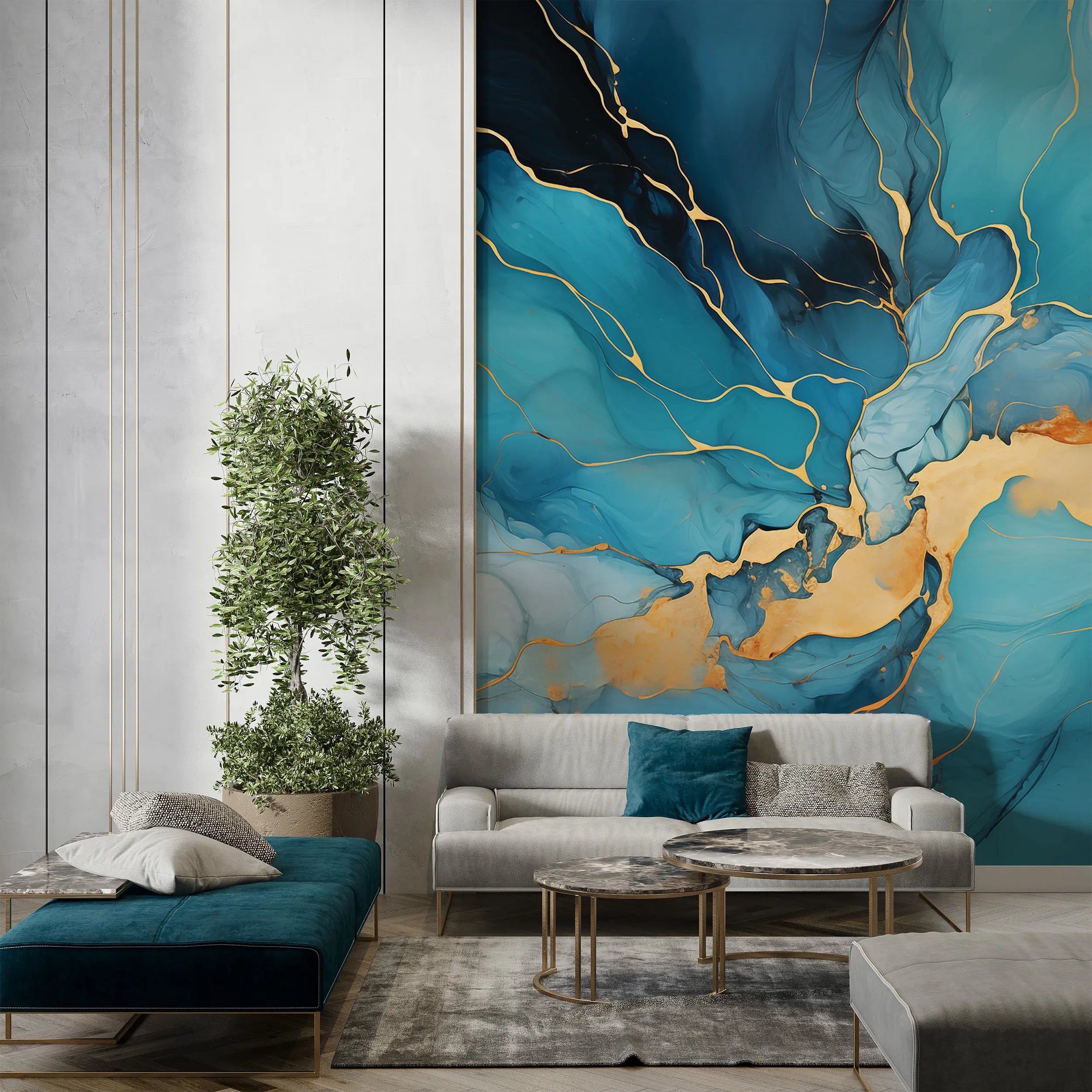 Elegant Blue and Gold Home Wallpaper