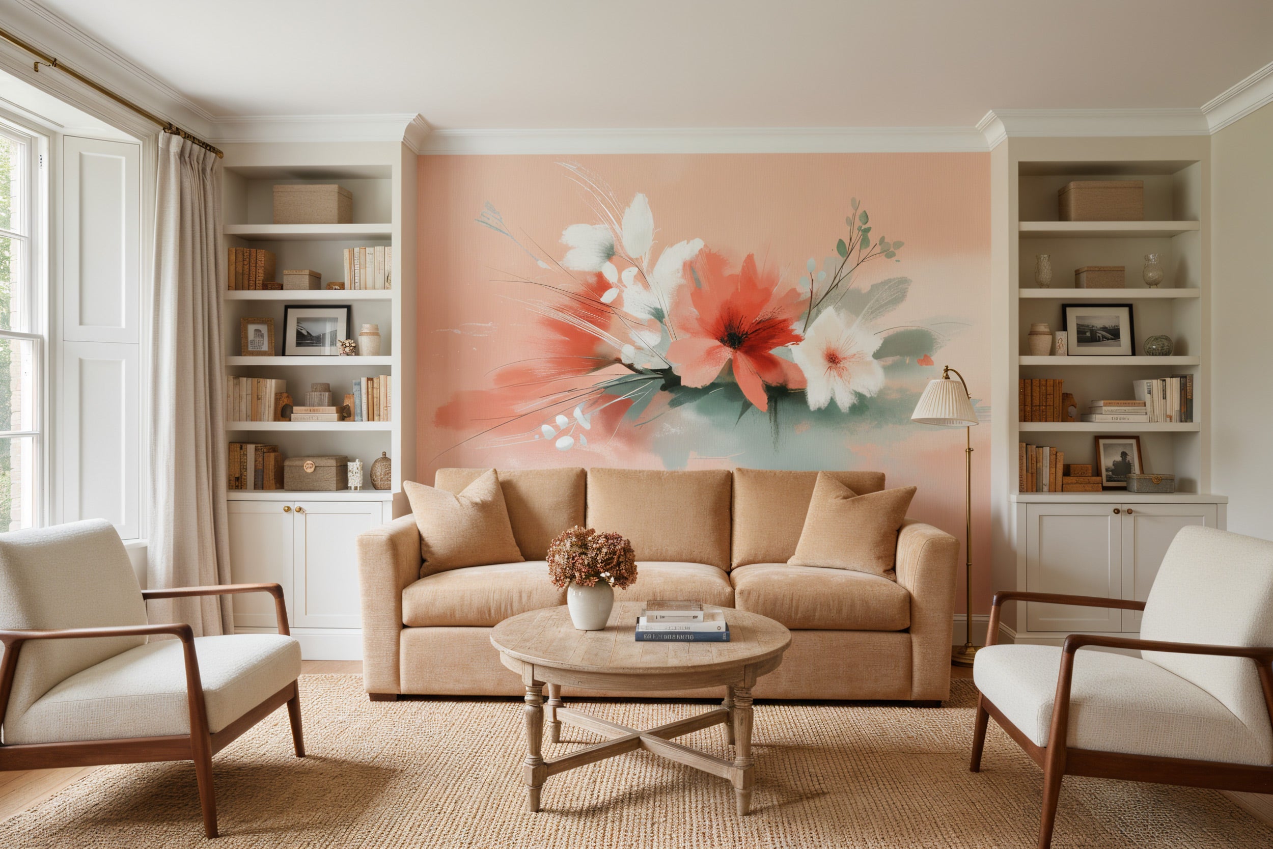 Soft coral pink abstract floral mural with white and sage blooms behind a tan sofa in a cozy living room setting