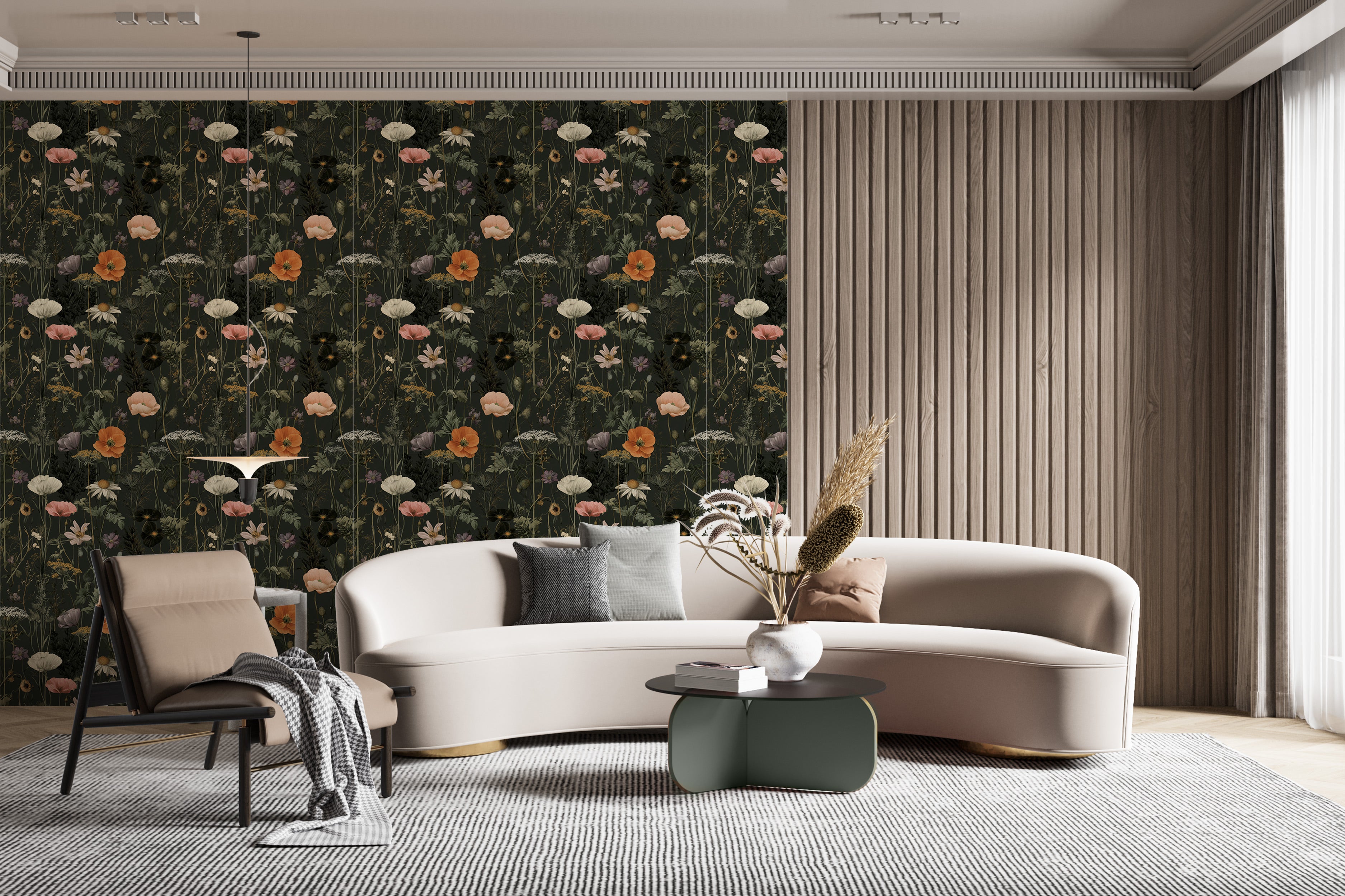 Dark green floral wallpaper with bright poppies and daisies in a modern living room featuring a curved cream sofa, beige chai