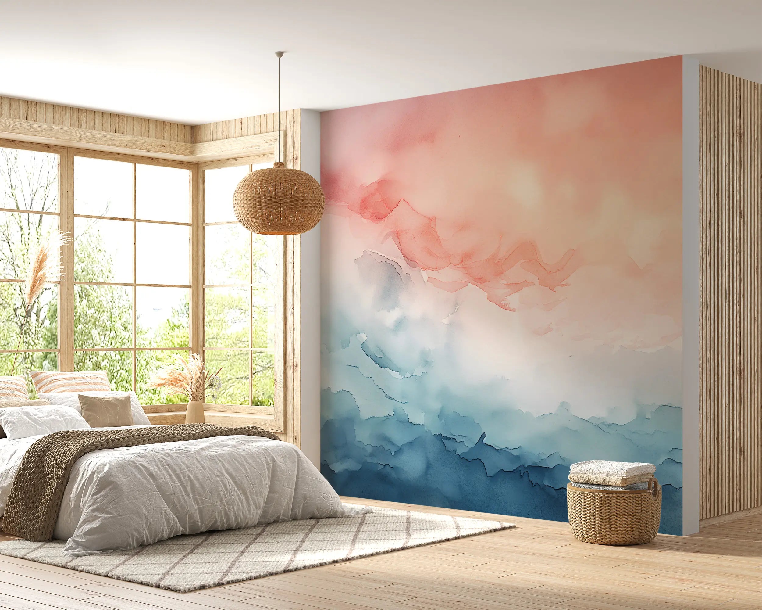 pink bedroom with abstract pastel wallpaper
