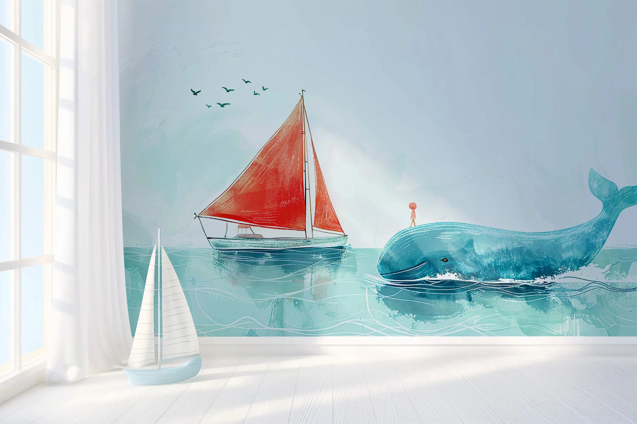 Whale and sailboat wall mural for nursery