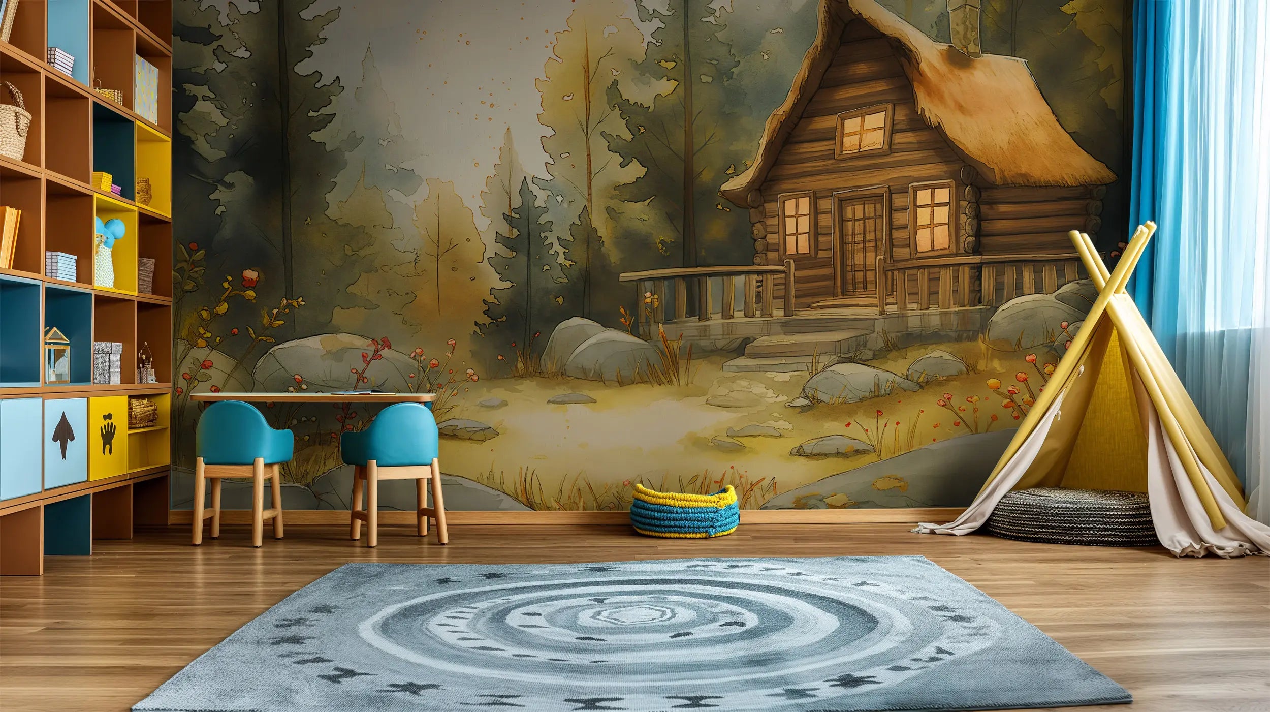 Forest cabin wall mural