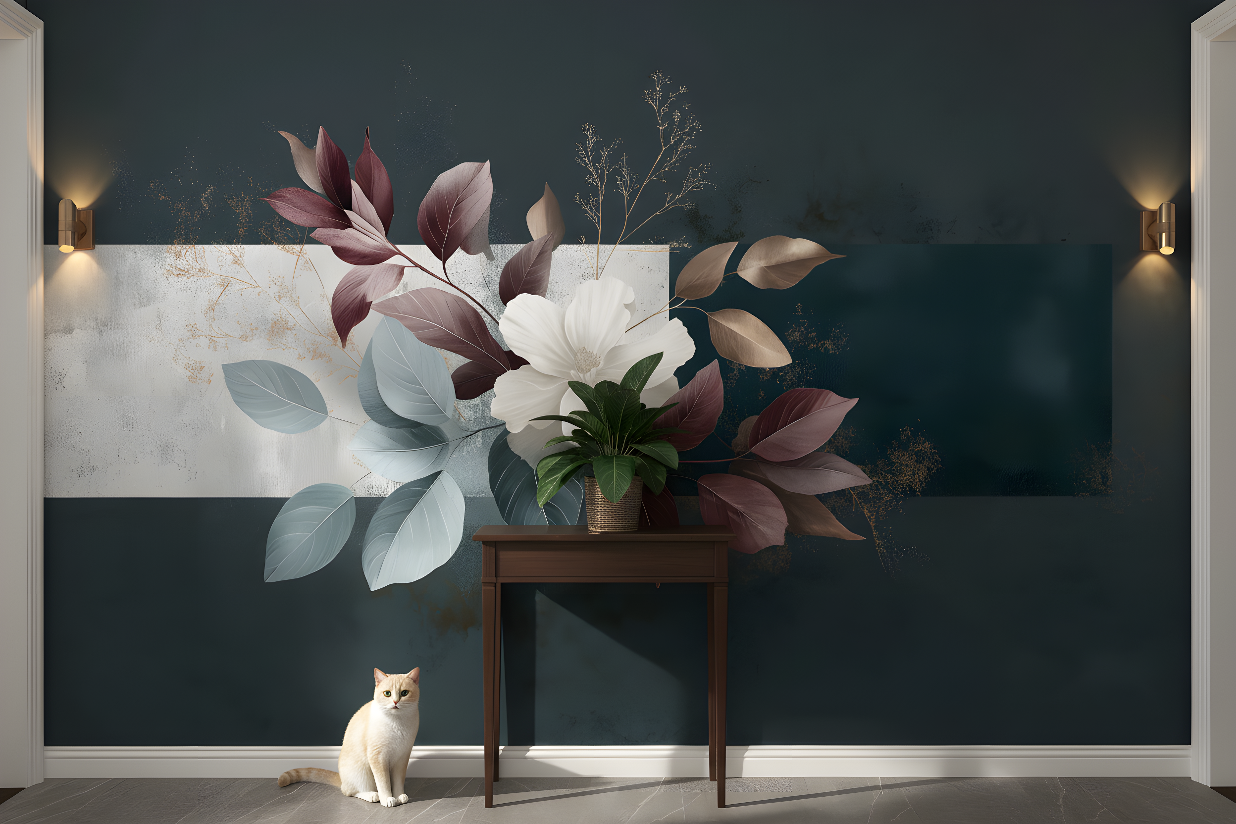Dark elegant botanical mural with a large white magnolia bloom and burgundy, sage green, and bronze foliage arranged across a dark blue wall with a