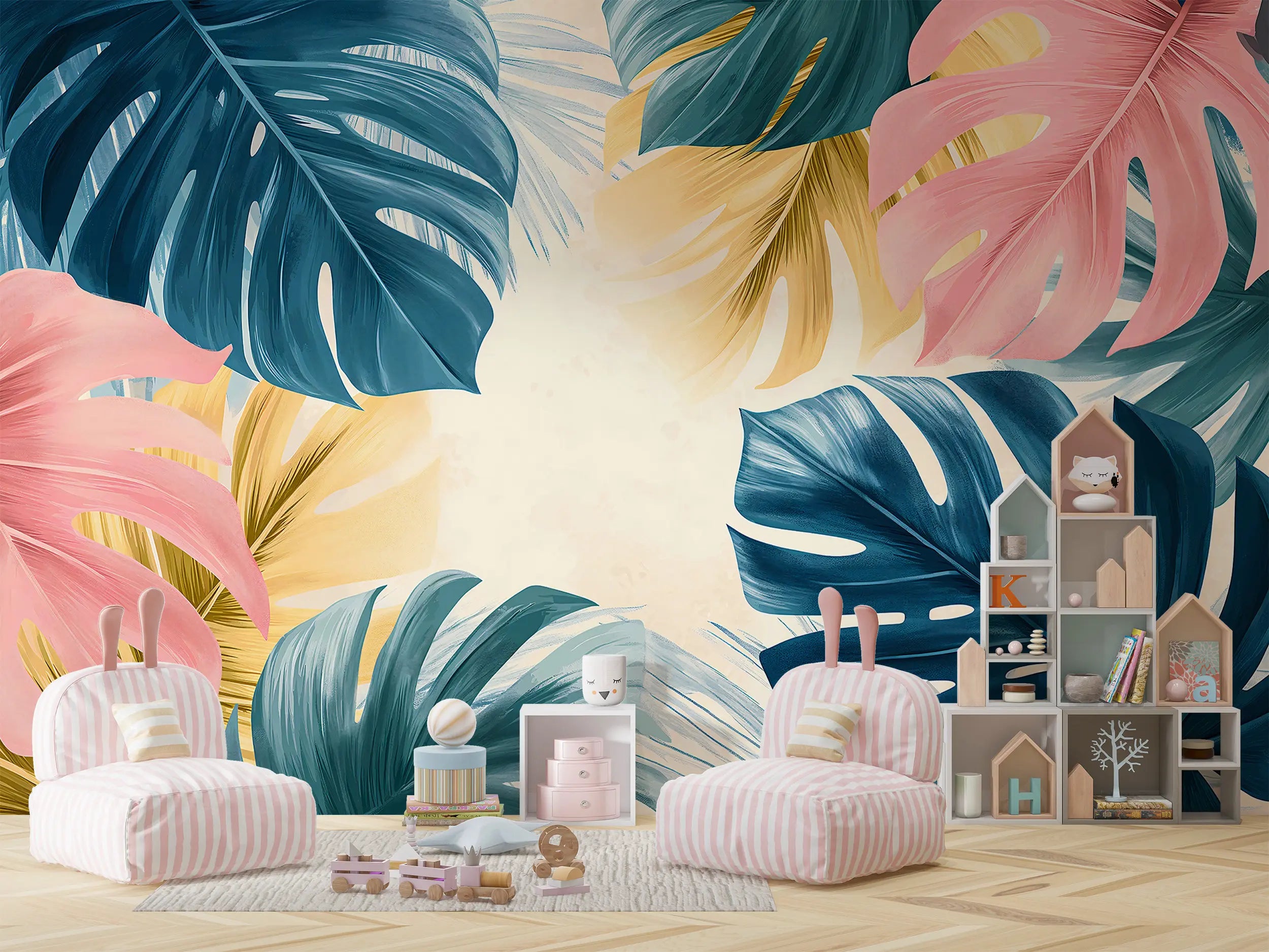 Tropical monstera leaves mural