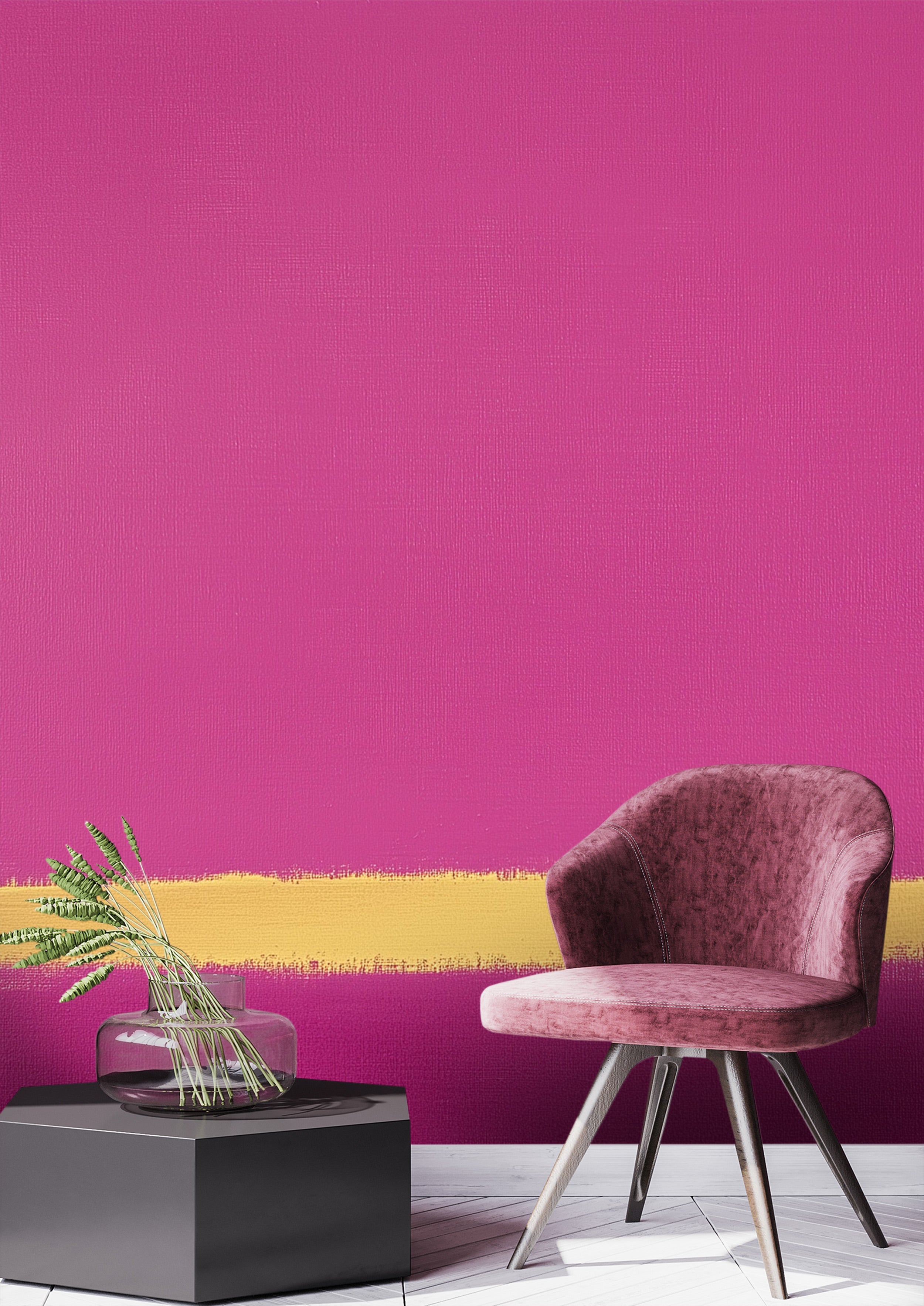 Pink abstract mural with a bold golden brushstroke band, pink velvet chair, and modern minimal décor in a stylish living spac