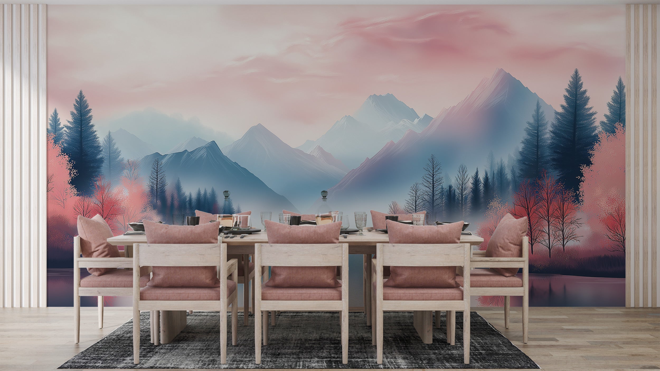 Pink mountain lake mural with pastel pink autumn trees and blue peaks reflected in calm water, dining room scene with neutral