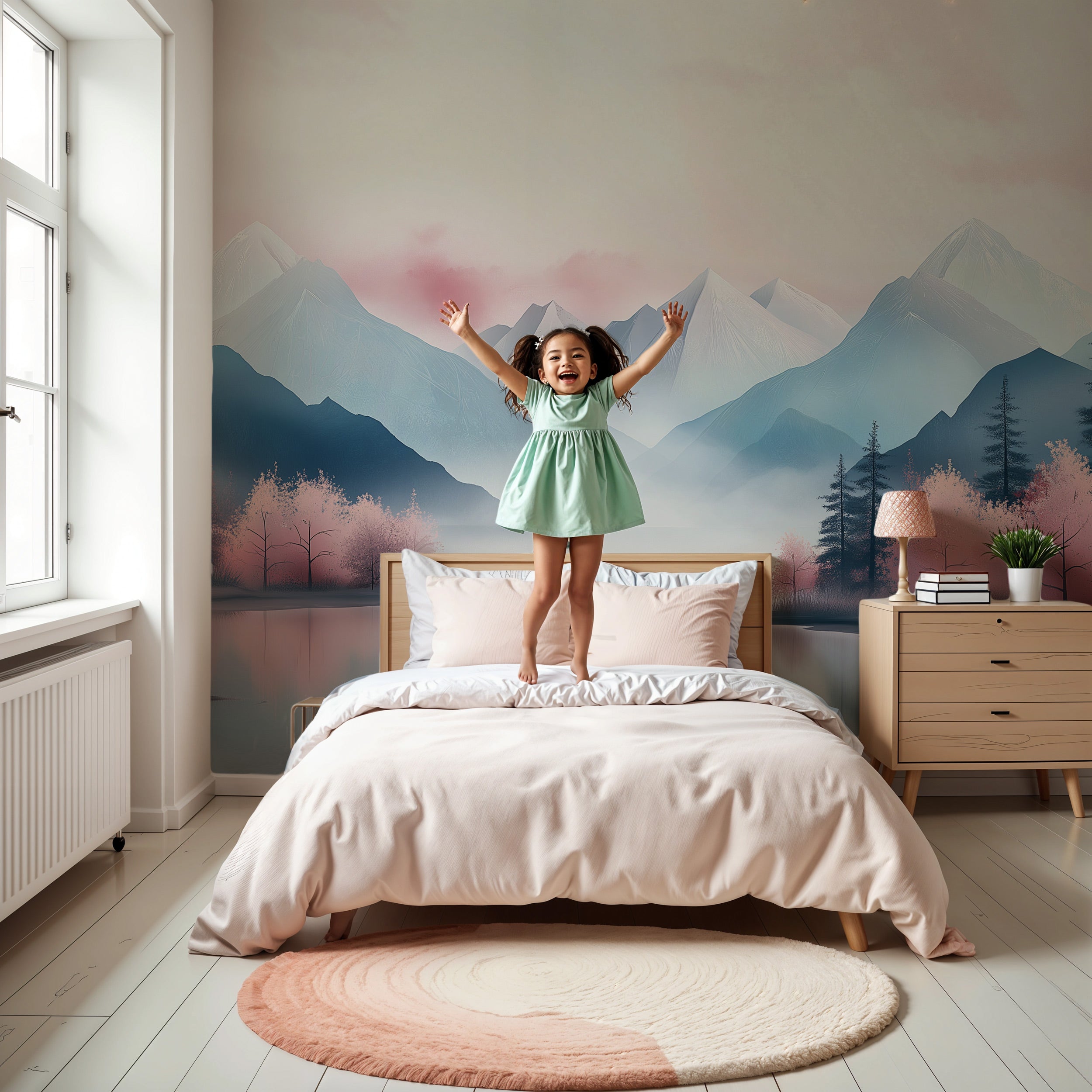 Young girl in mint dress jumps on bed in a pastel pink and blue mountain lake mural featuring cherry blossoms and evergreen t