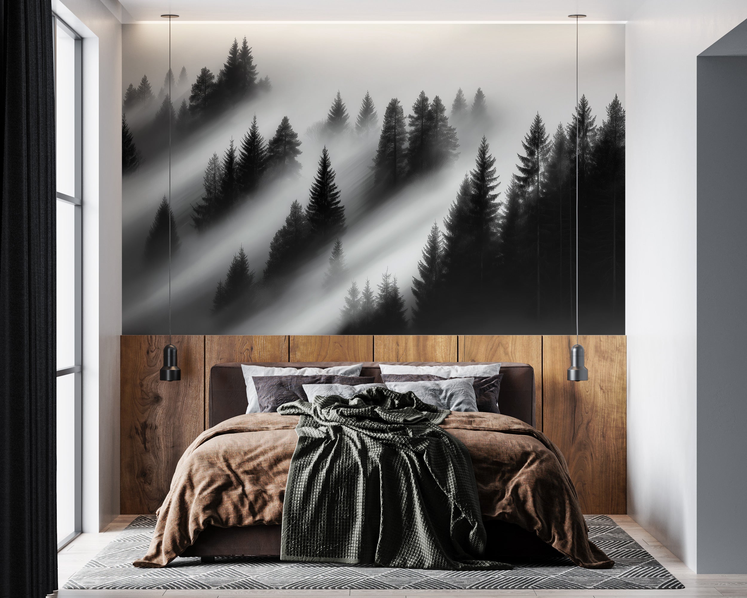 Monochrome misty forest mural over a modern bedroom headboard with foggy evergreen silhouettes in black and white, wall-to-wa