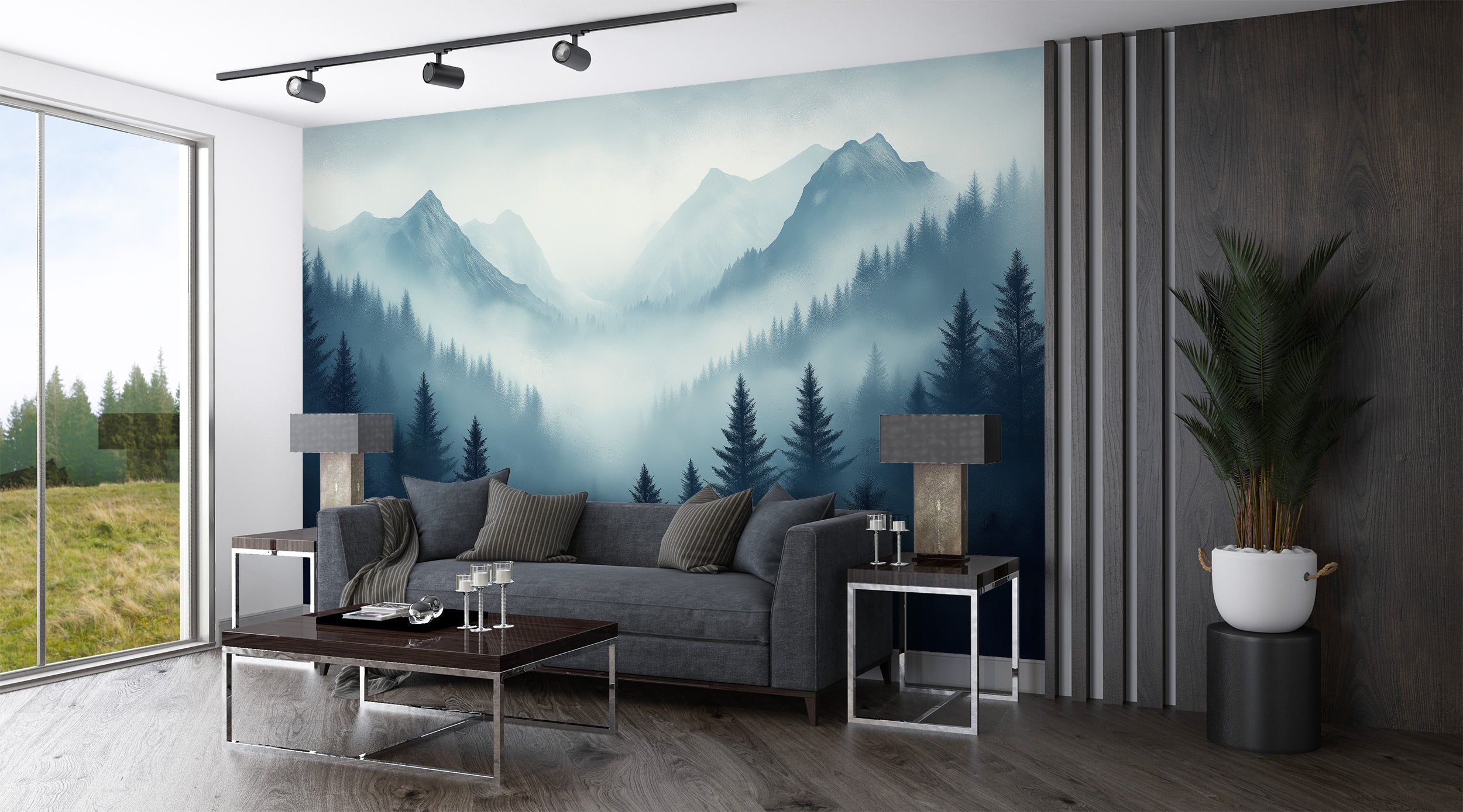 Misty blue gray mountain forest mural with foggy peaks and evergreen trees in a modern living room with a gray sofa