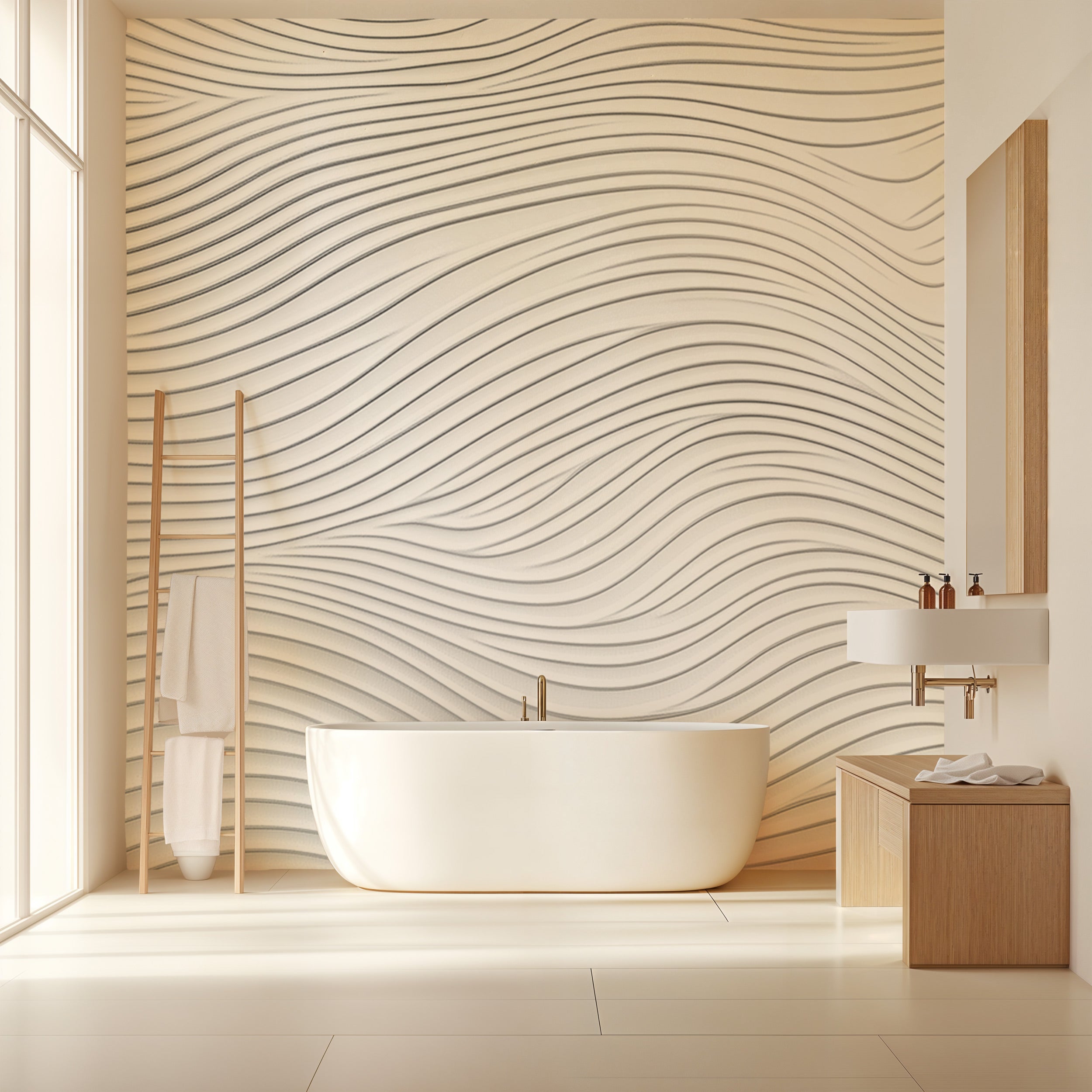 Neutral-tone bathroom with a large wave-pattern wall mural behind a freestanding oval tub, wood towel rack, and minimalist si