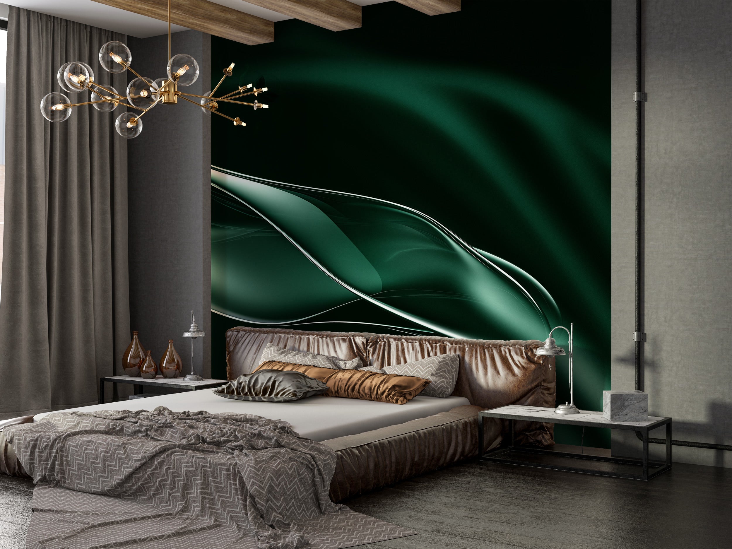 Emerald abstract flow mural with liquid curves in a modern bedroom features deep green tones and a luxurious, contemporary de