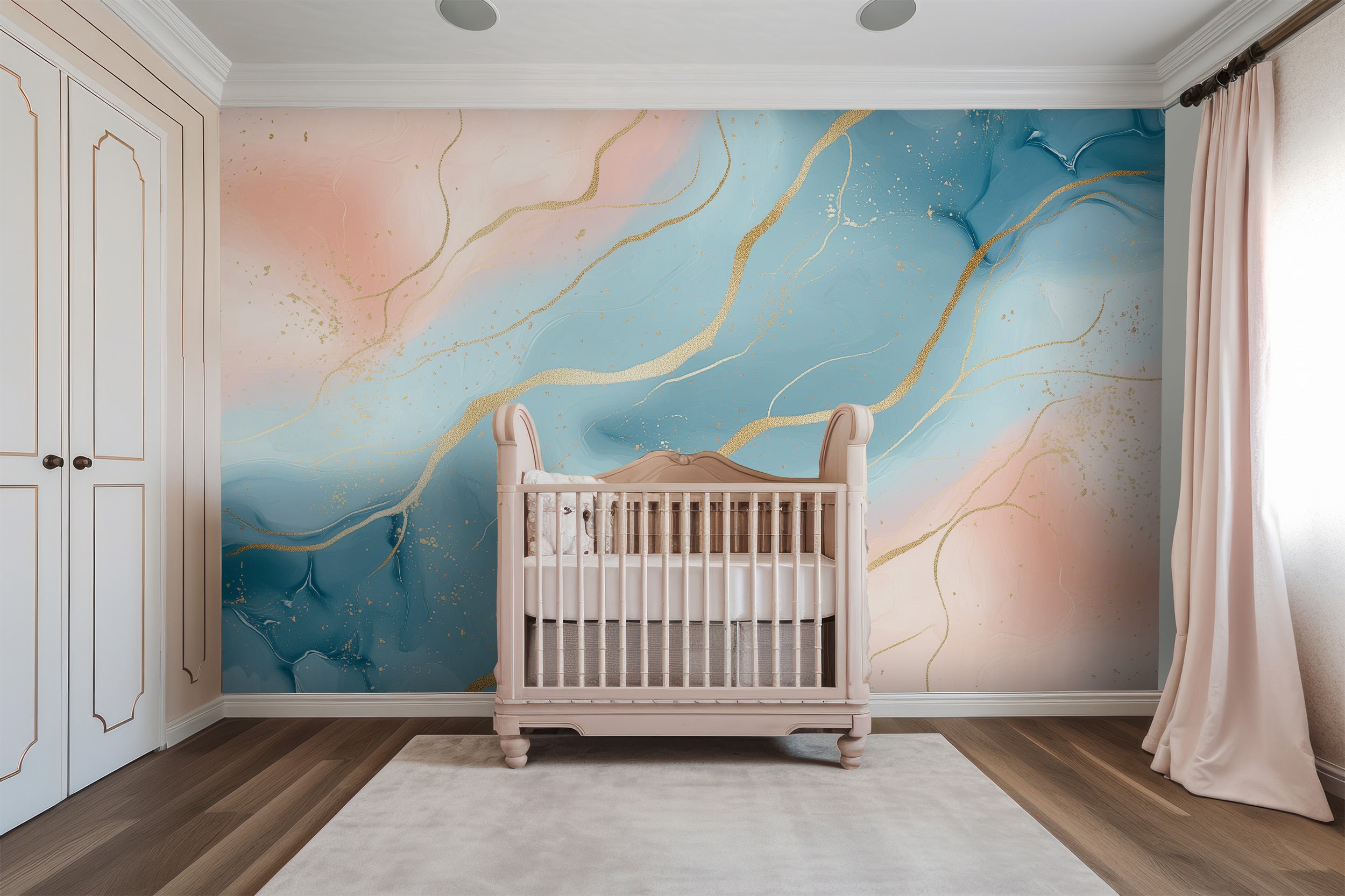 Blue pink abstract mural with gold veining on nursery wall behind a pale pink crib in a bright room with soft curtains and wh