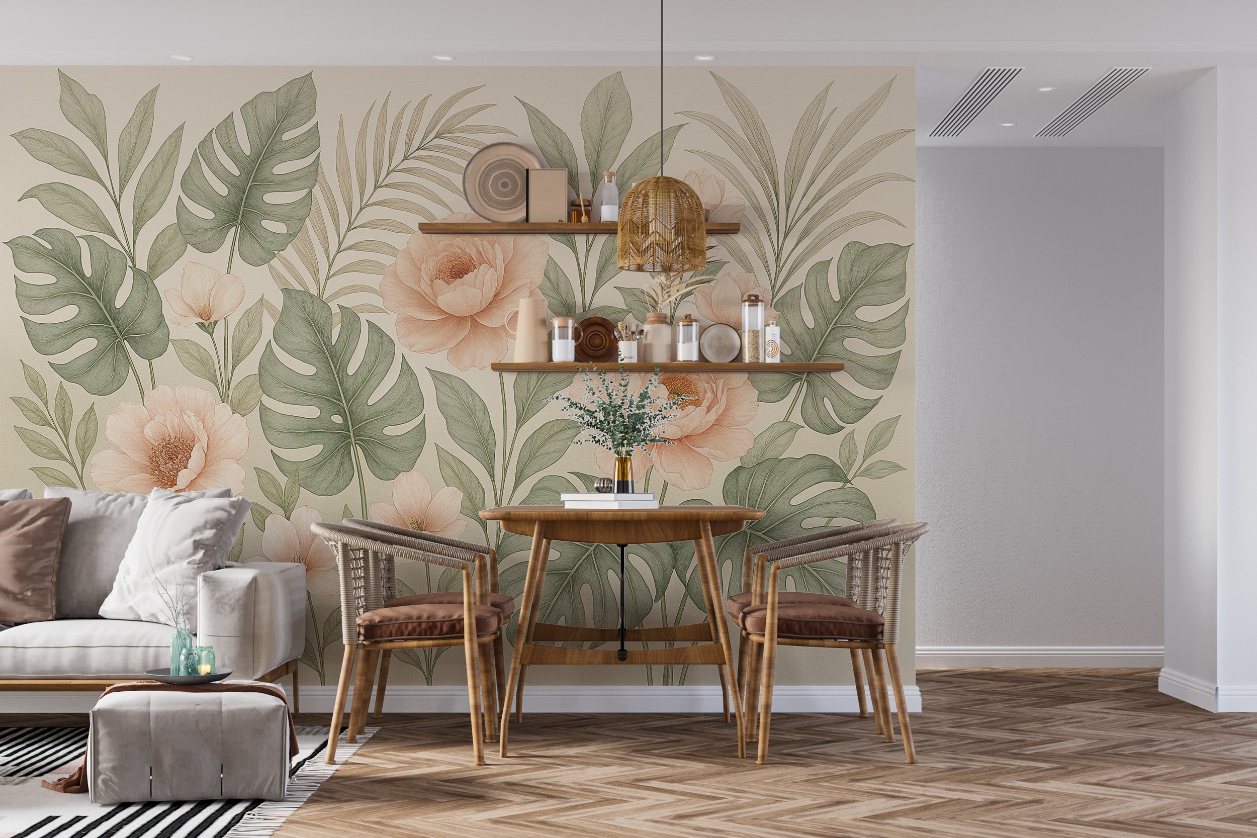 Tropical mural wall with peach peonies and green monstera leaves in a cozy dining area with wood furniture and shelves