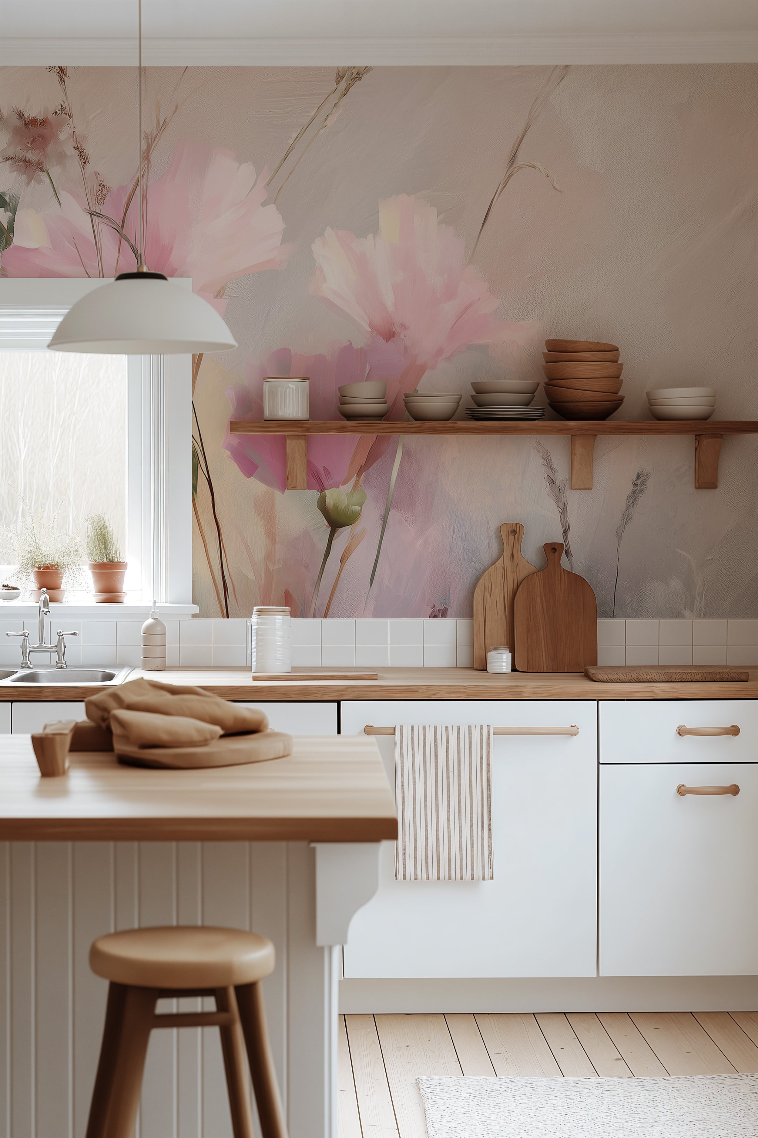 Soft pink watercolor floral mural in a bright kitchen with white cabinets, wooden accents, and a striped towel on a light woo