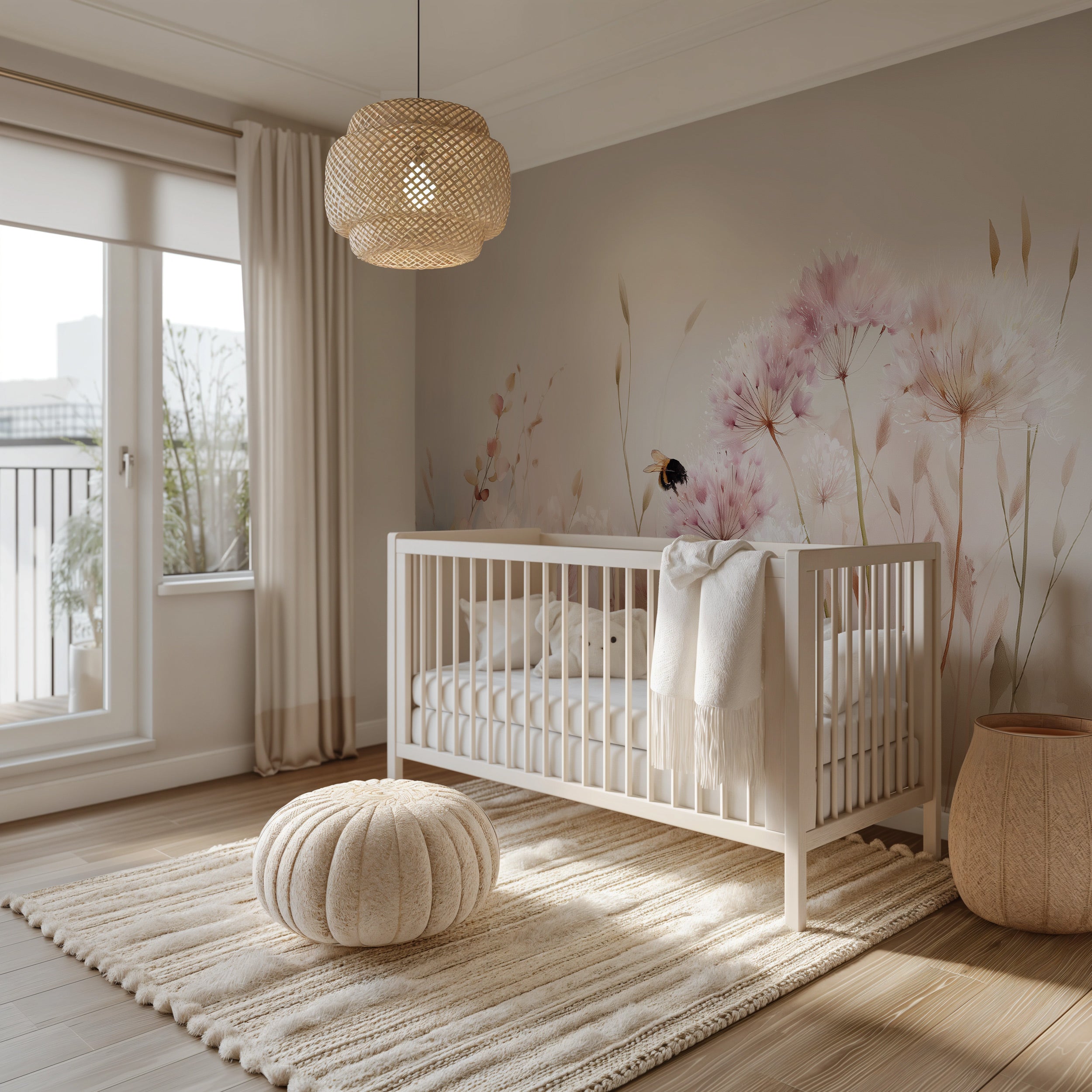 Soft pink meadow mural with dandelion blooms and bee in a serene nursery with white crib and neutral accents