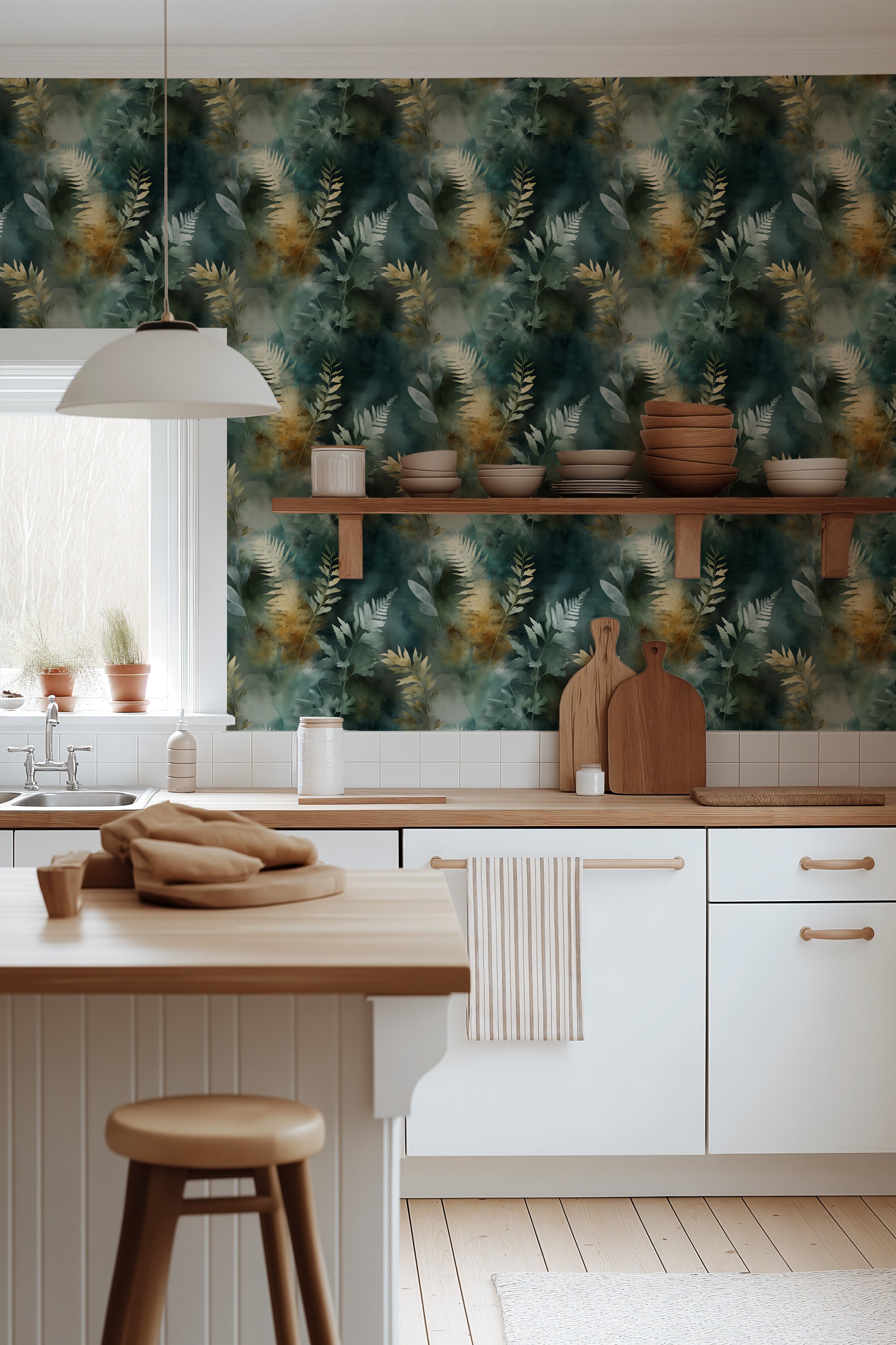 Watercolor fern botanical wallpaper mural in teal green and gold, hanging in a bright kitchen with wood accents and white cab