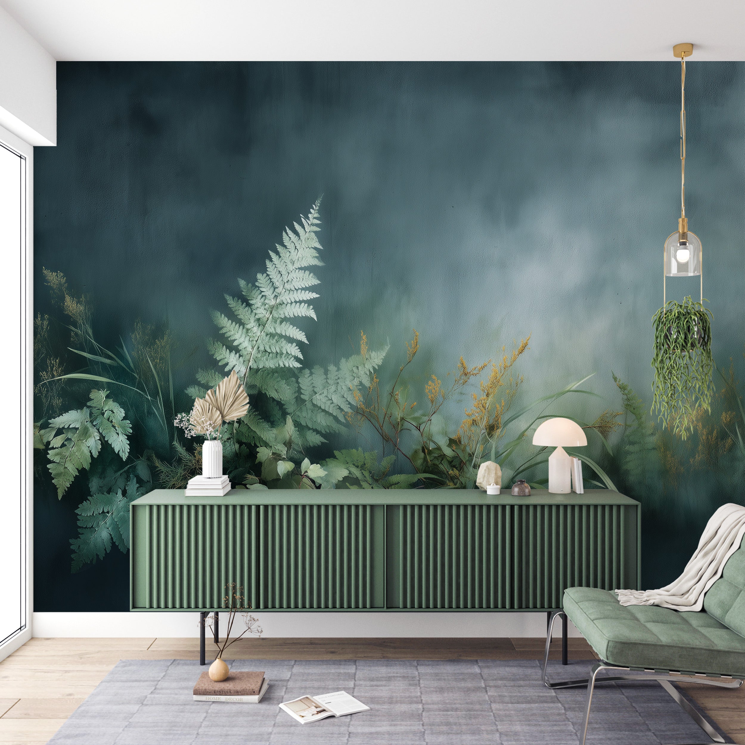 Teal forest mural with lush ferns and grasses on a misty wall behind a green ribbed sideboard in a modern bedroom setting