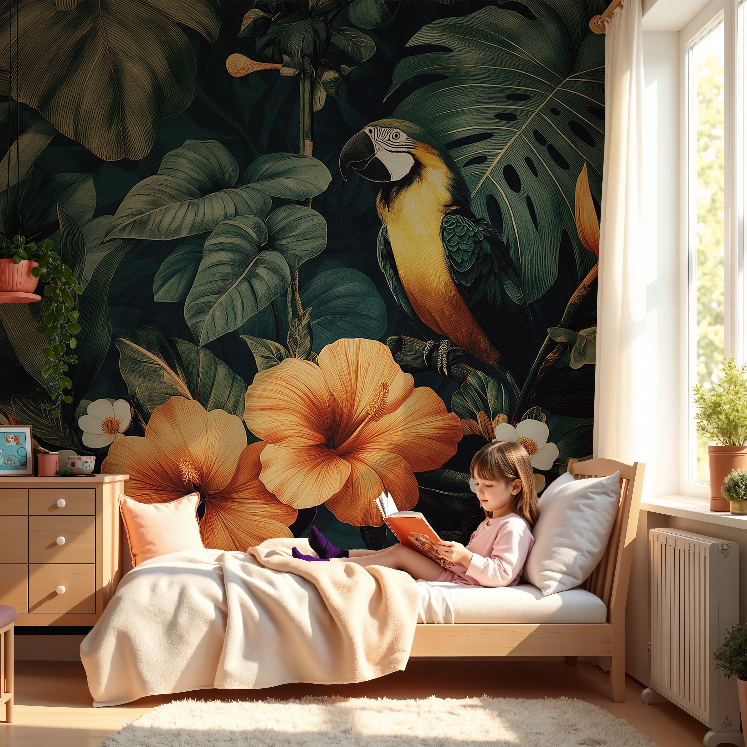 Tropical parrot mural with hibiscus flowers in a lush green jungle setting, featuring a colorful parrot on a large wall in a