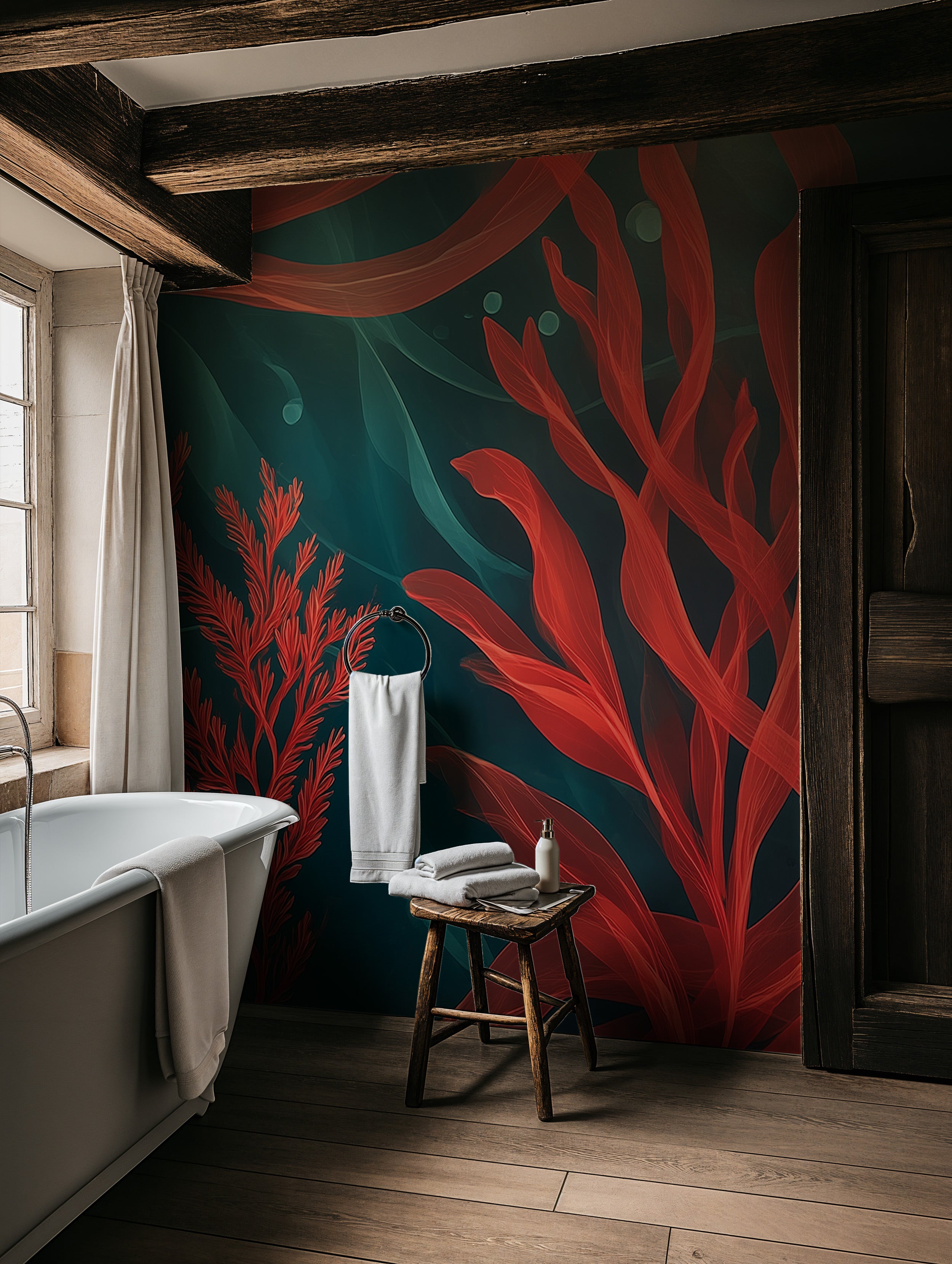 Underwater seaweed coral mural in a teal bathroom with red coral plants, vintage tub, and dark wood beams for a bold ocean bo