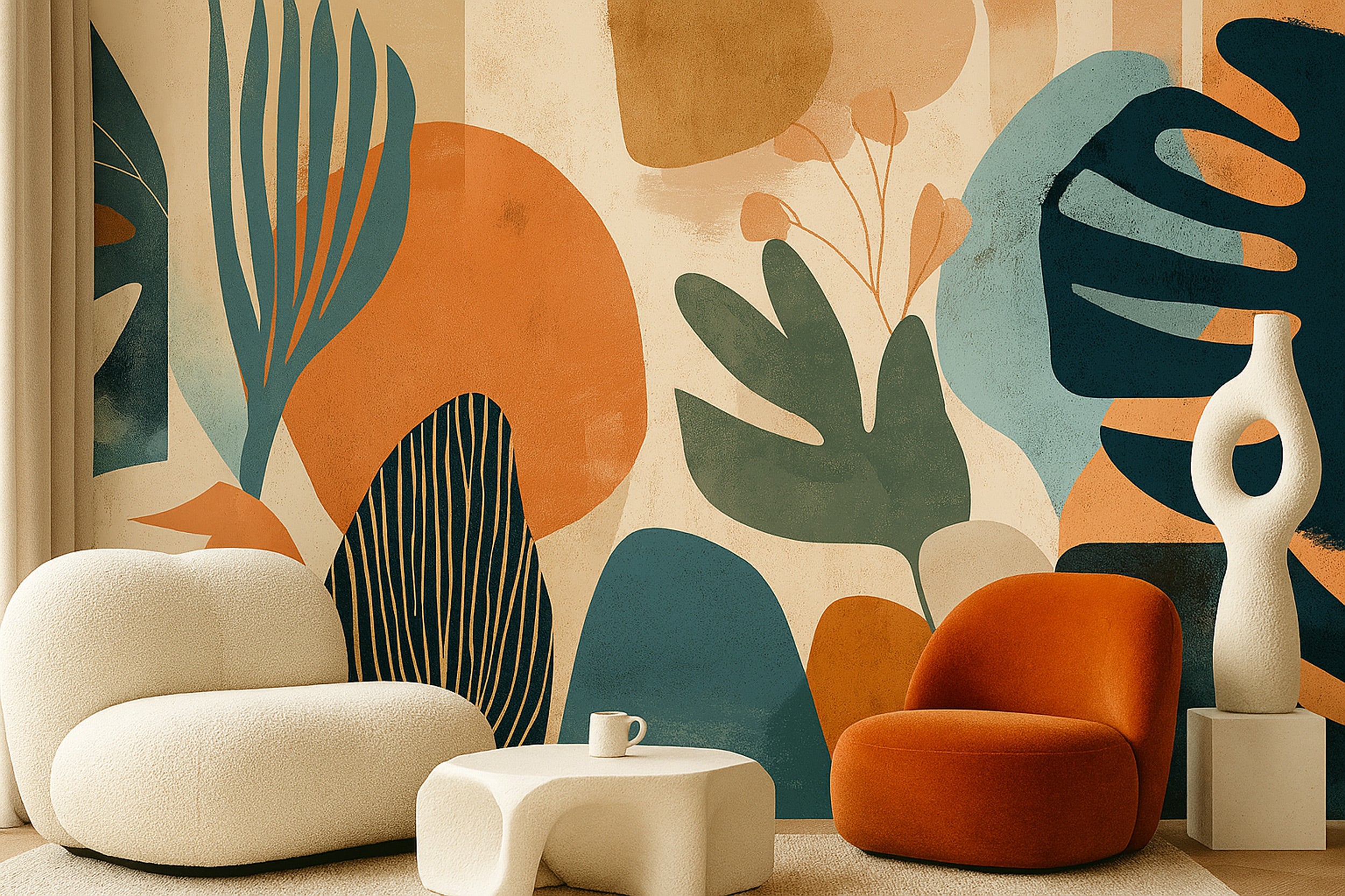 Abstract botanical mural with terracotta teal leaves in a contemporary living room featuring bold tropical shapes and warm be