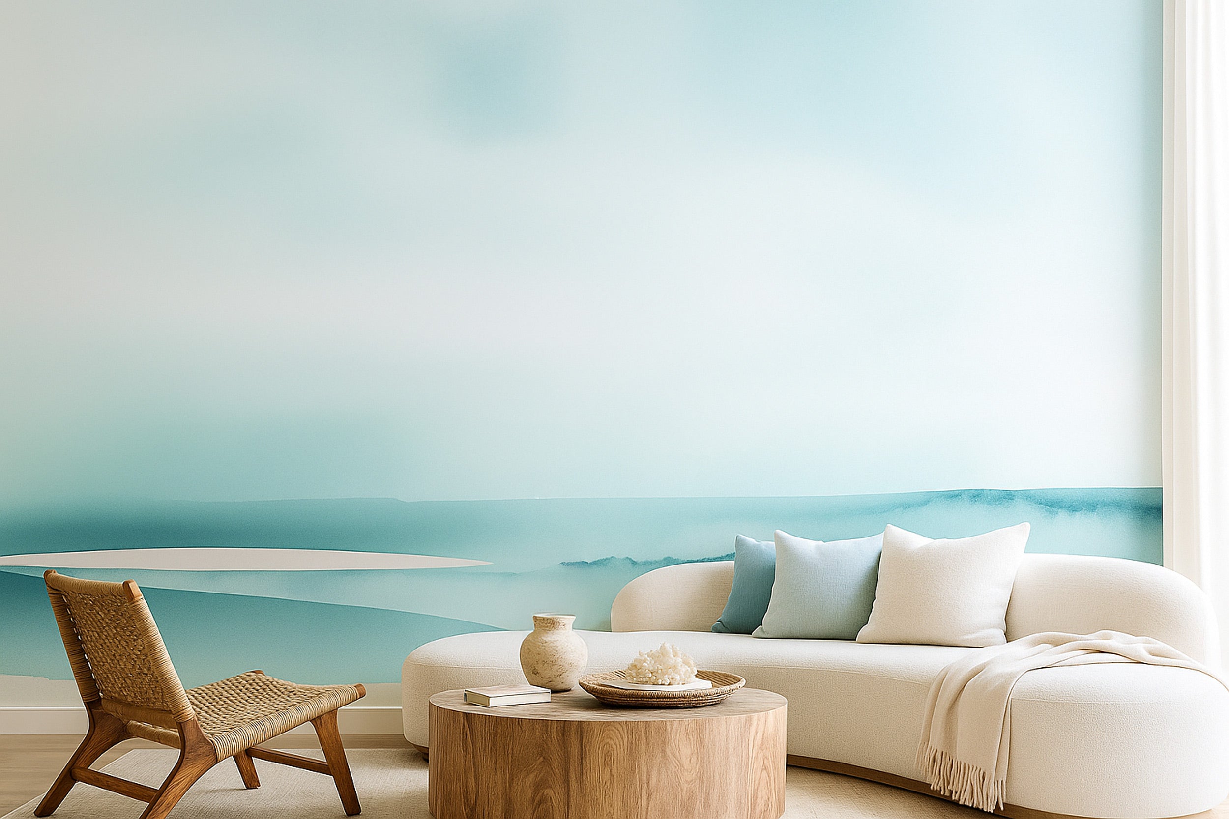 Watercolor ocean waves mural in teal beige tones on wall, serene coastal living room with white sofa and natural wood accents
